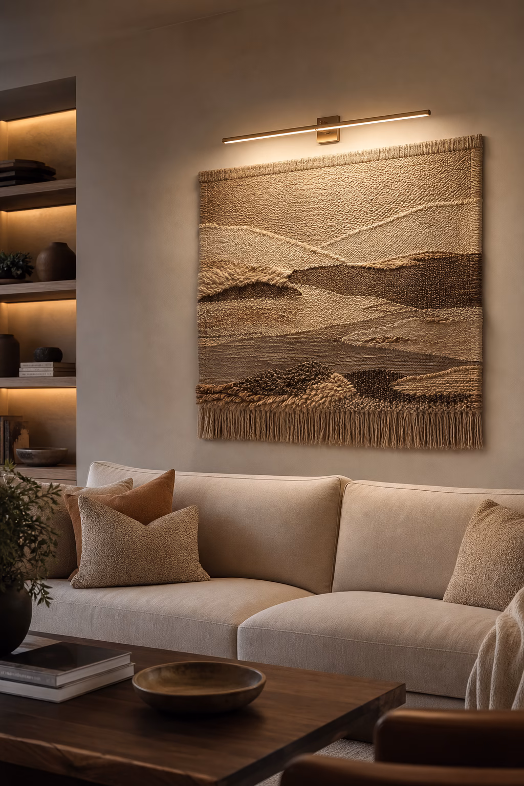 Woven tapestry highlighted by a warm picture light in a polished living room.