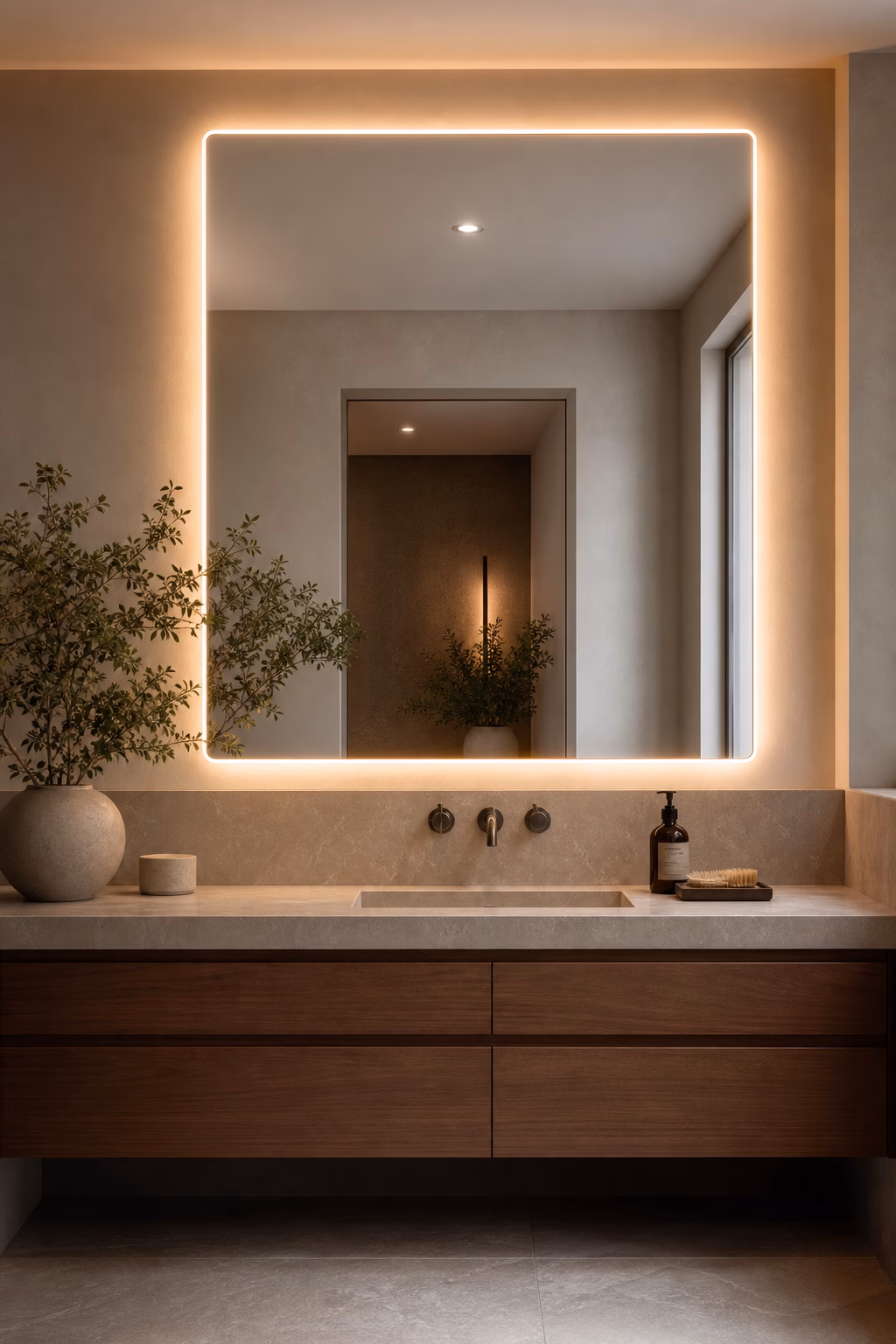 Smart bathroom mirror with subtle lighting above a modern vanity and no visible screen text