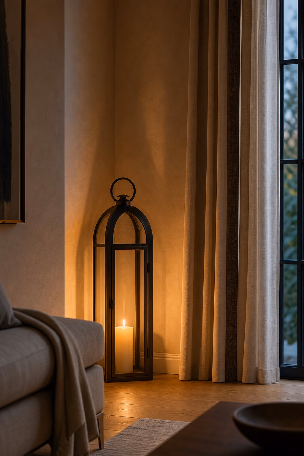Tall statement lantern filling an empty living room corner