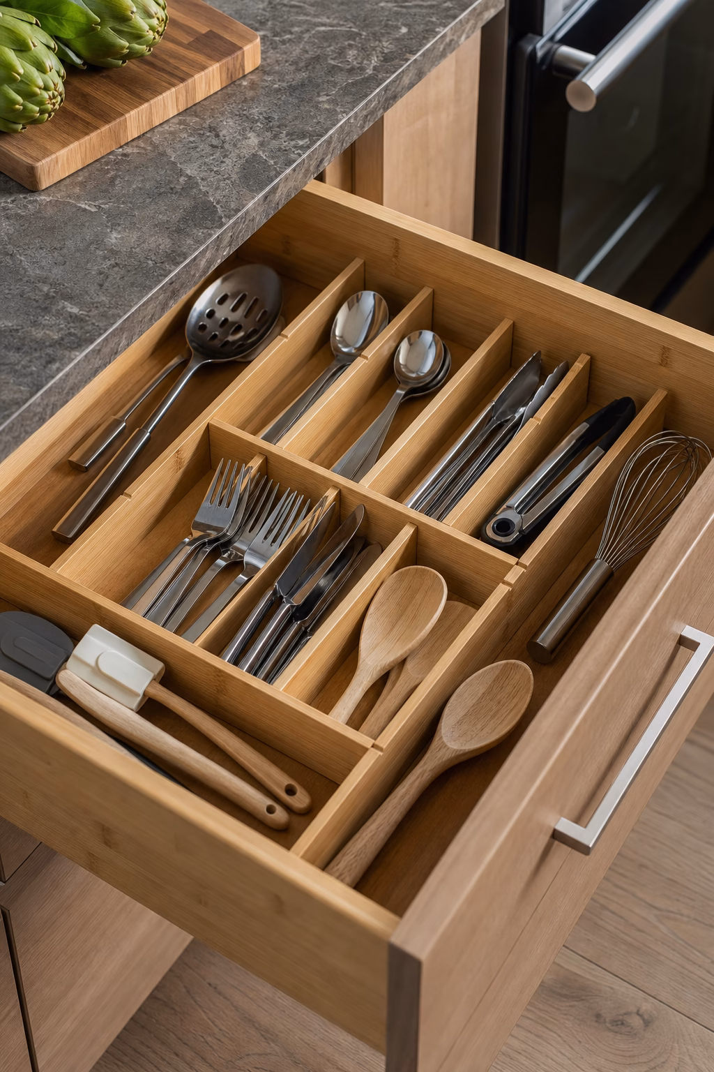 Open oak kitchen drawer with bamboo dividers for flatware spoons tongs and spatulas