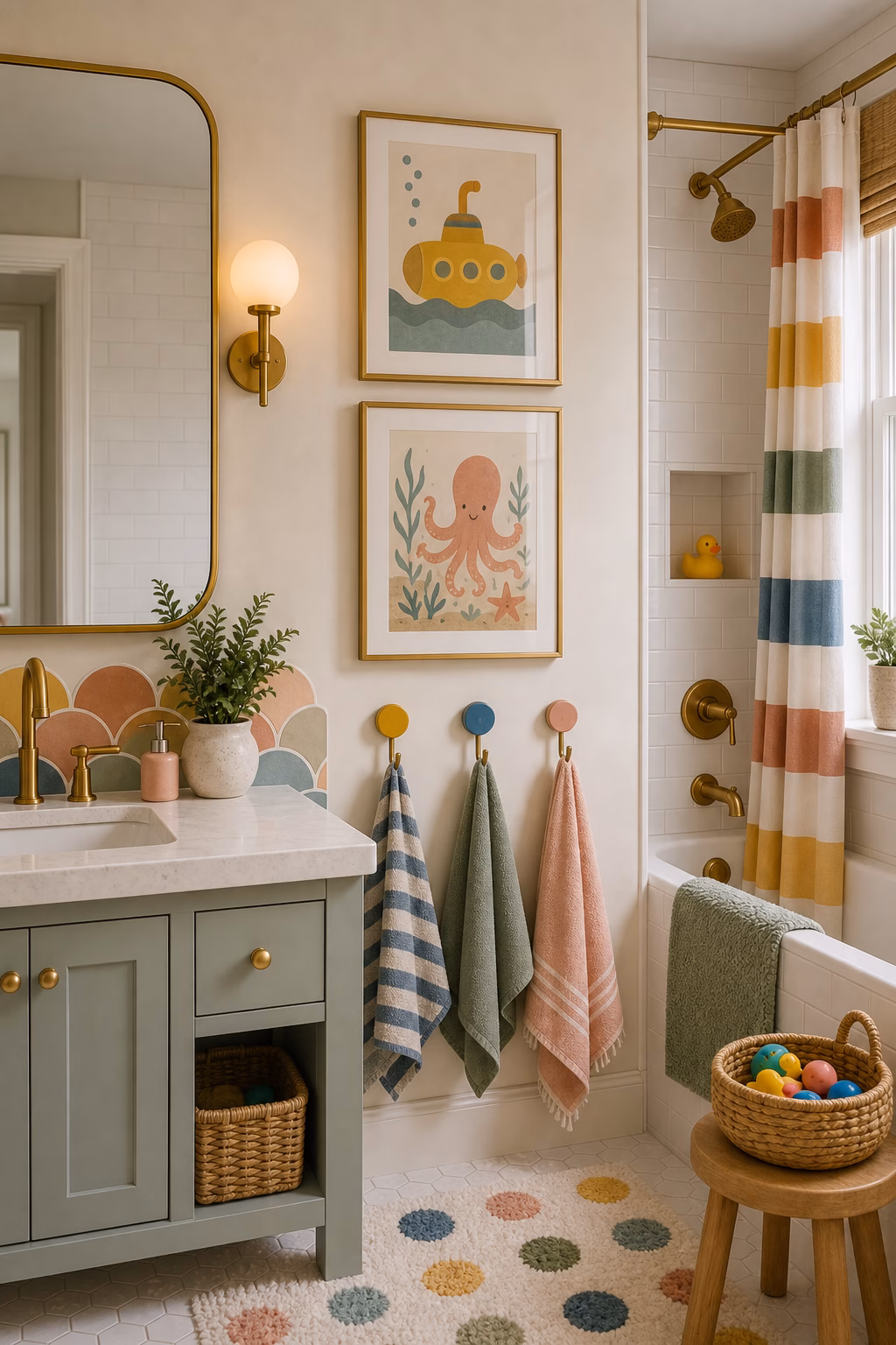 use art that can handle humidity shown in a polished kids bathroom with realistic materials and natural light.