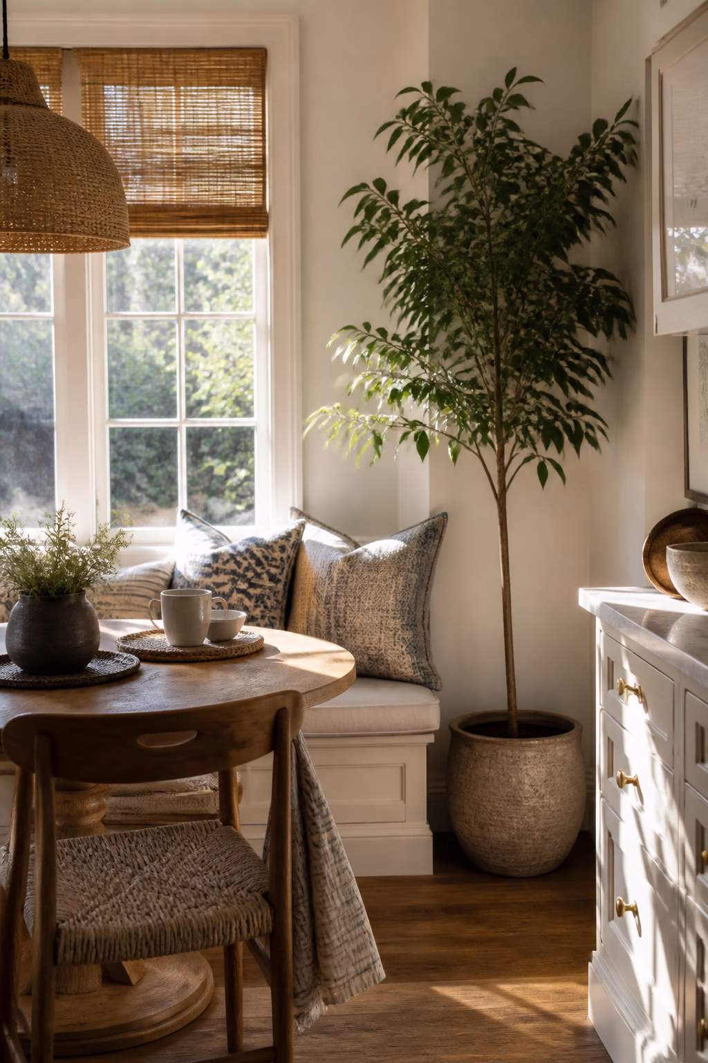 Breakfast nook with a cozy corner plant and natural texture.