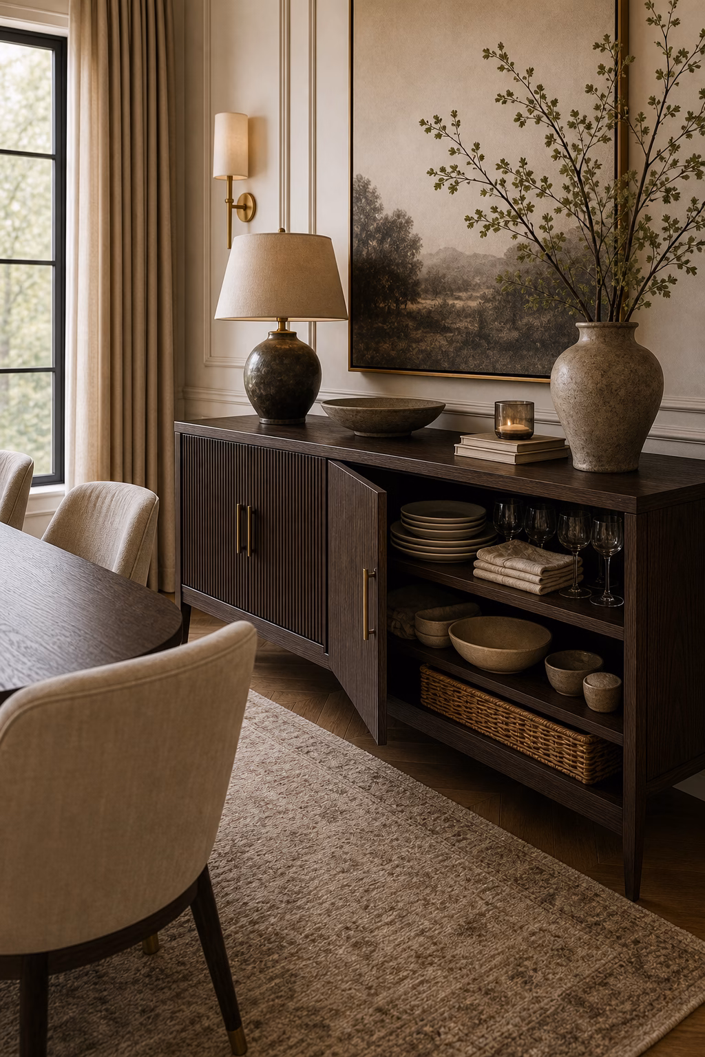 finish with hidden practical storage shown in a polished luxury dining room with realistic materials and natural light.
