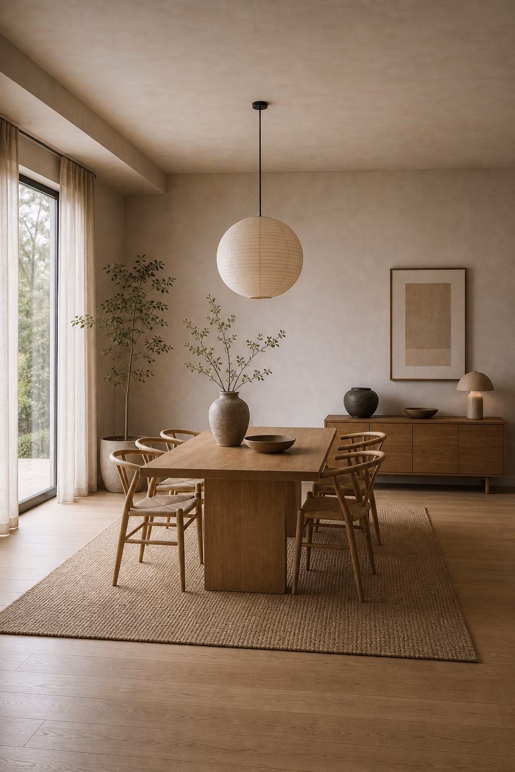 finish with space around every piece shown in a polished Japandi dining room with realistic materials and natural light.