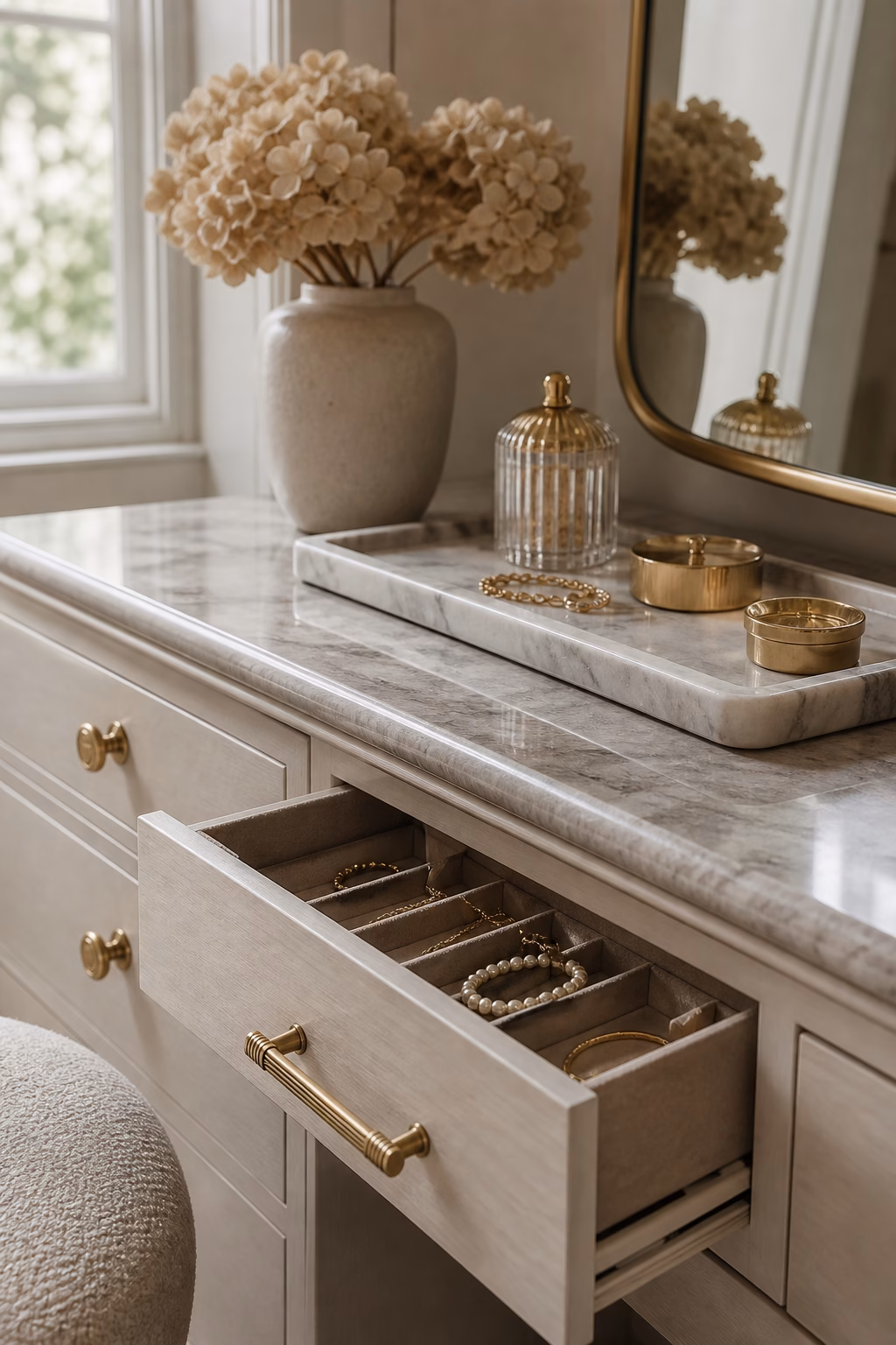 Close view of elegant brass hardware on a luxury dressing table.