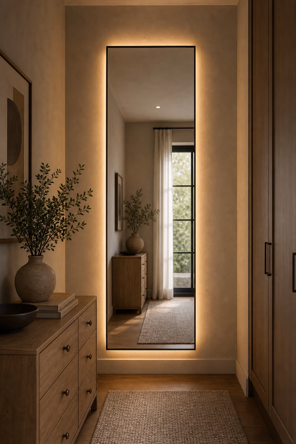 Long wall mirror with restrained warm backlighting in a dressing area