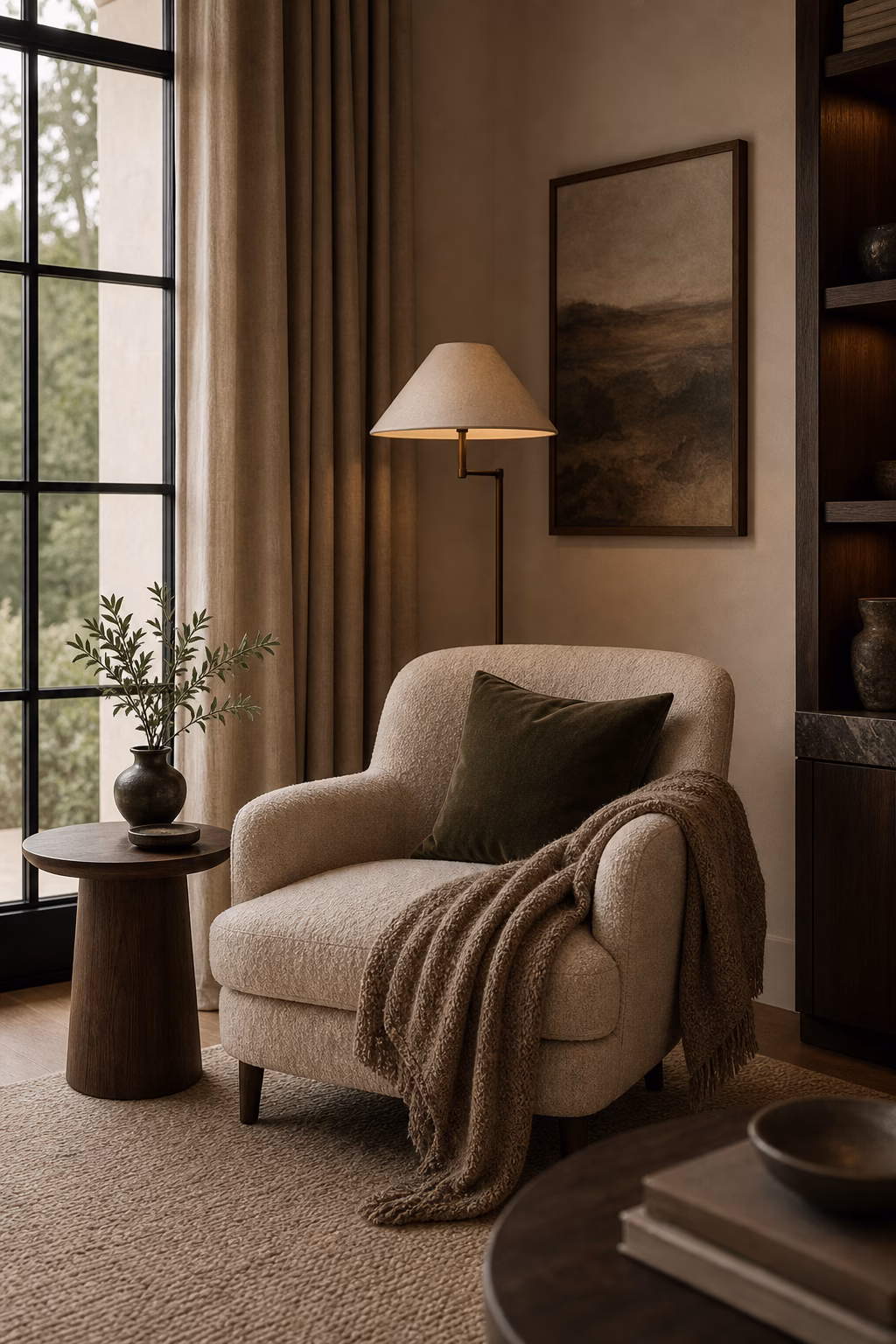 Atmospheric living room reading corner with lounge chair and lamp