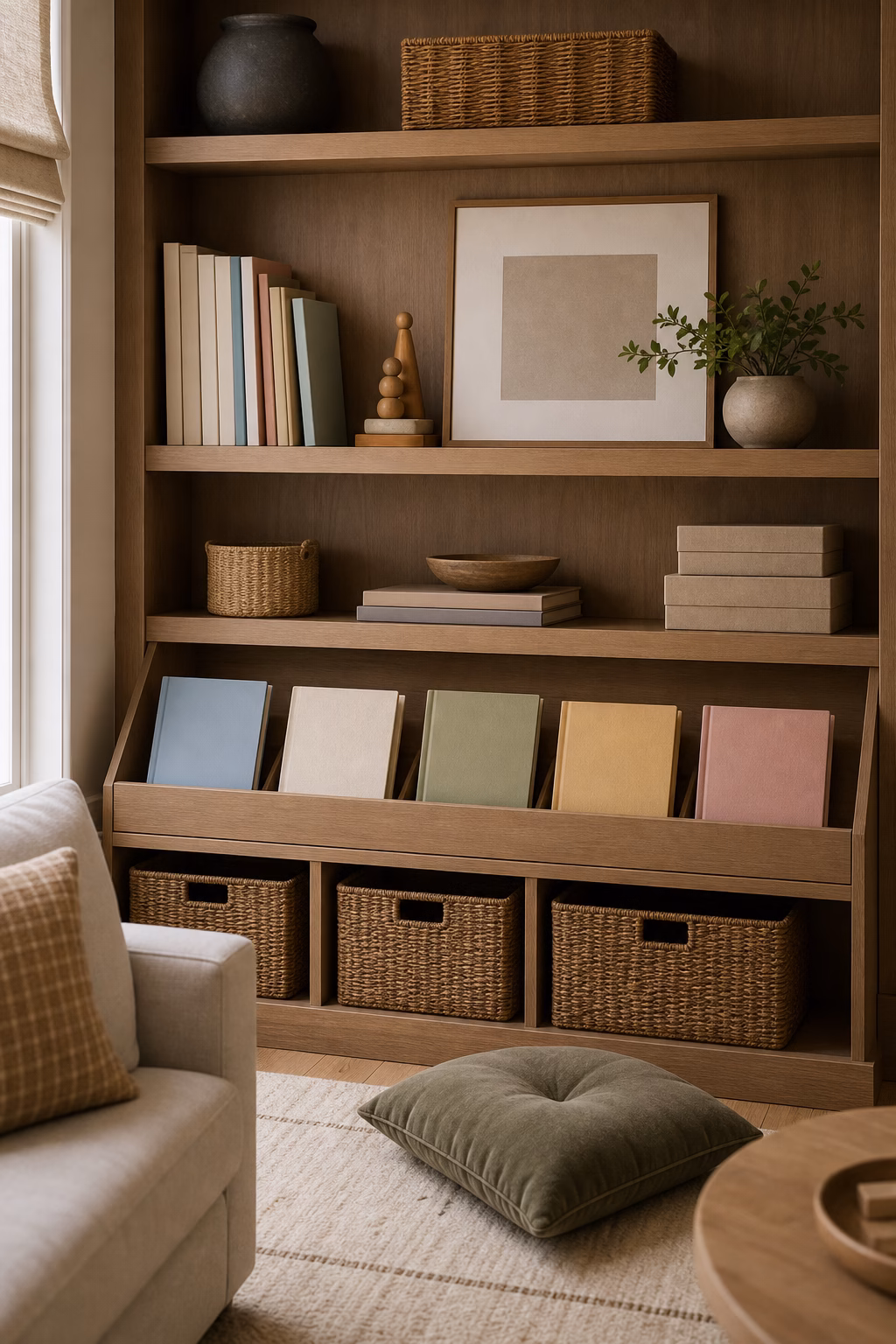 Children's books organized in lower bins on family bookshelves