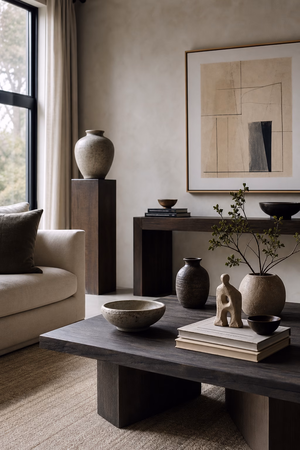 Personal aesthetic living room with handmade ceramics books and meaningful art