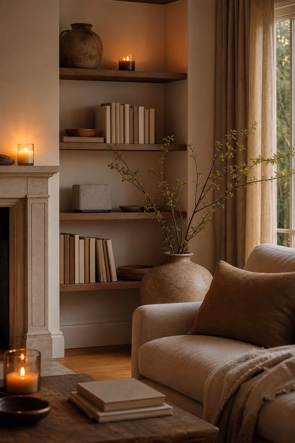 Warm living room with candle speaker books and soft evening lighting