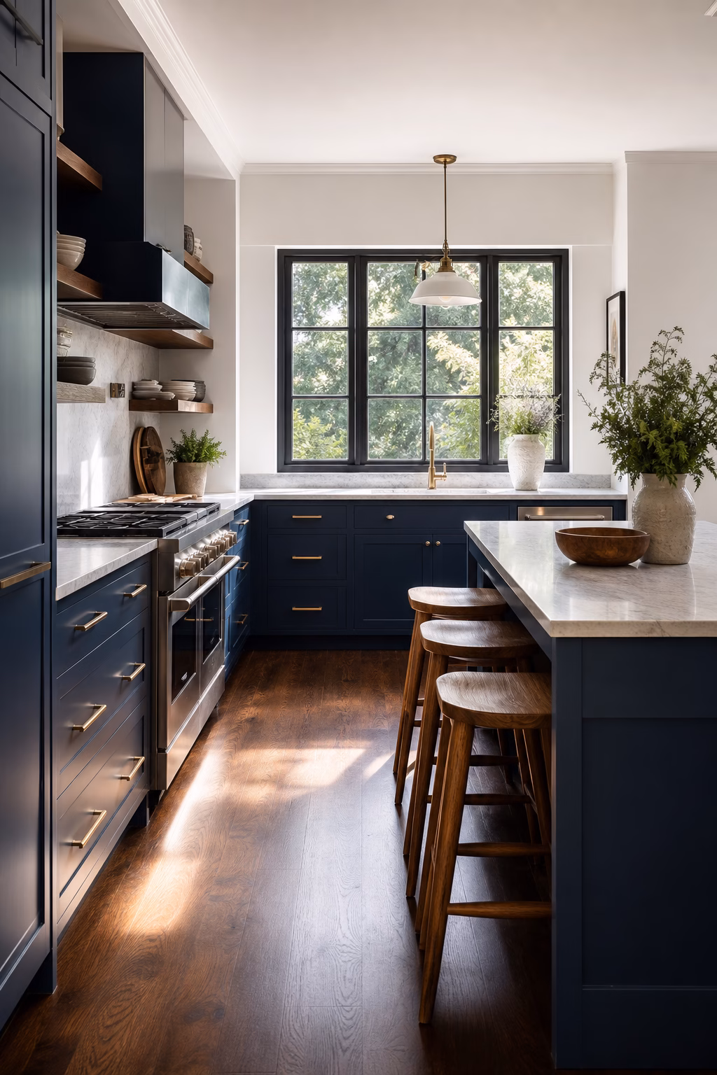 Tailored blue kitchen with dark walnut floors and lighter counters.