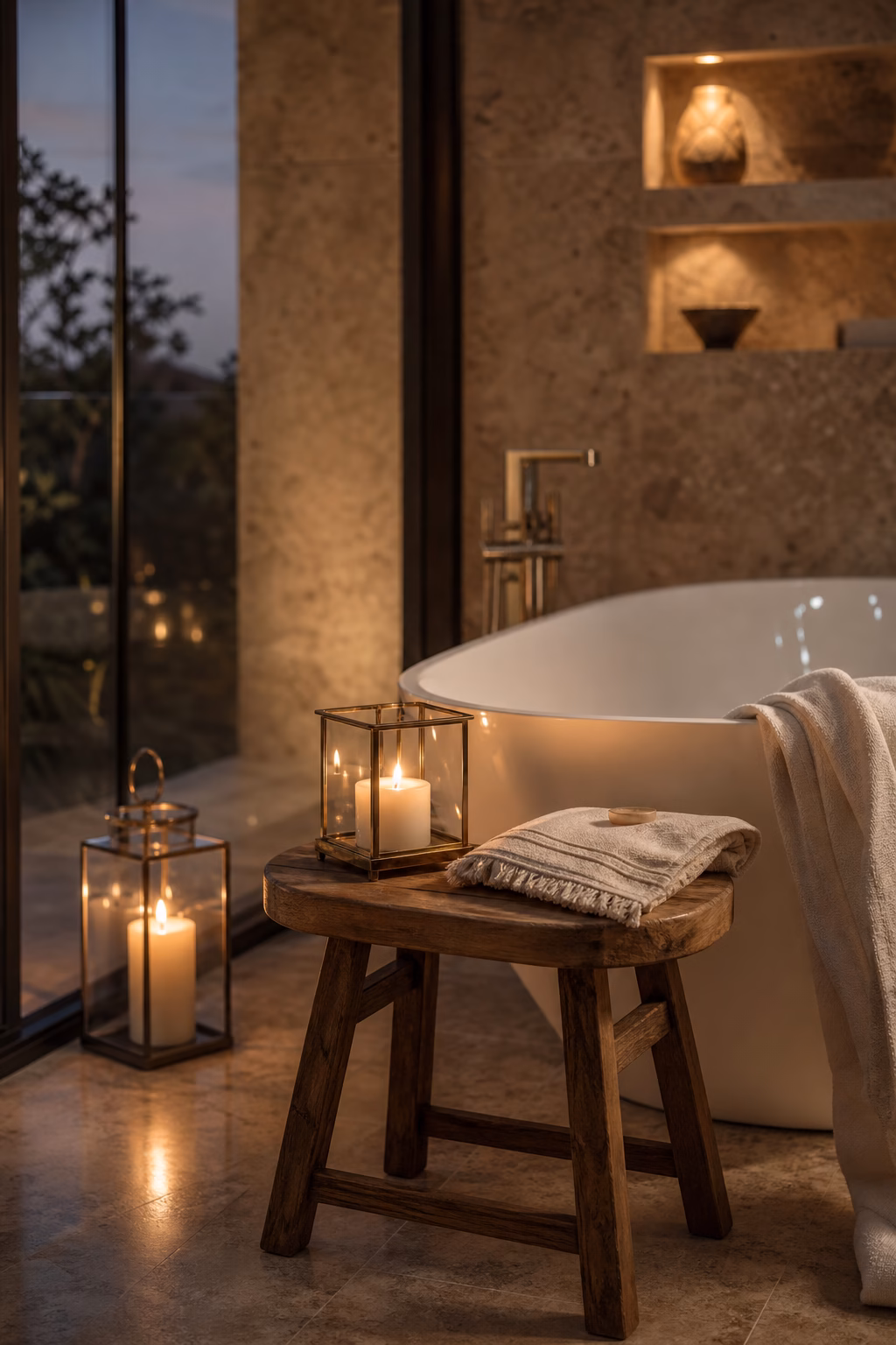 Glass candle lantern on a bathtub stool creating a spa-like vignette