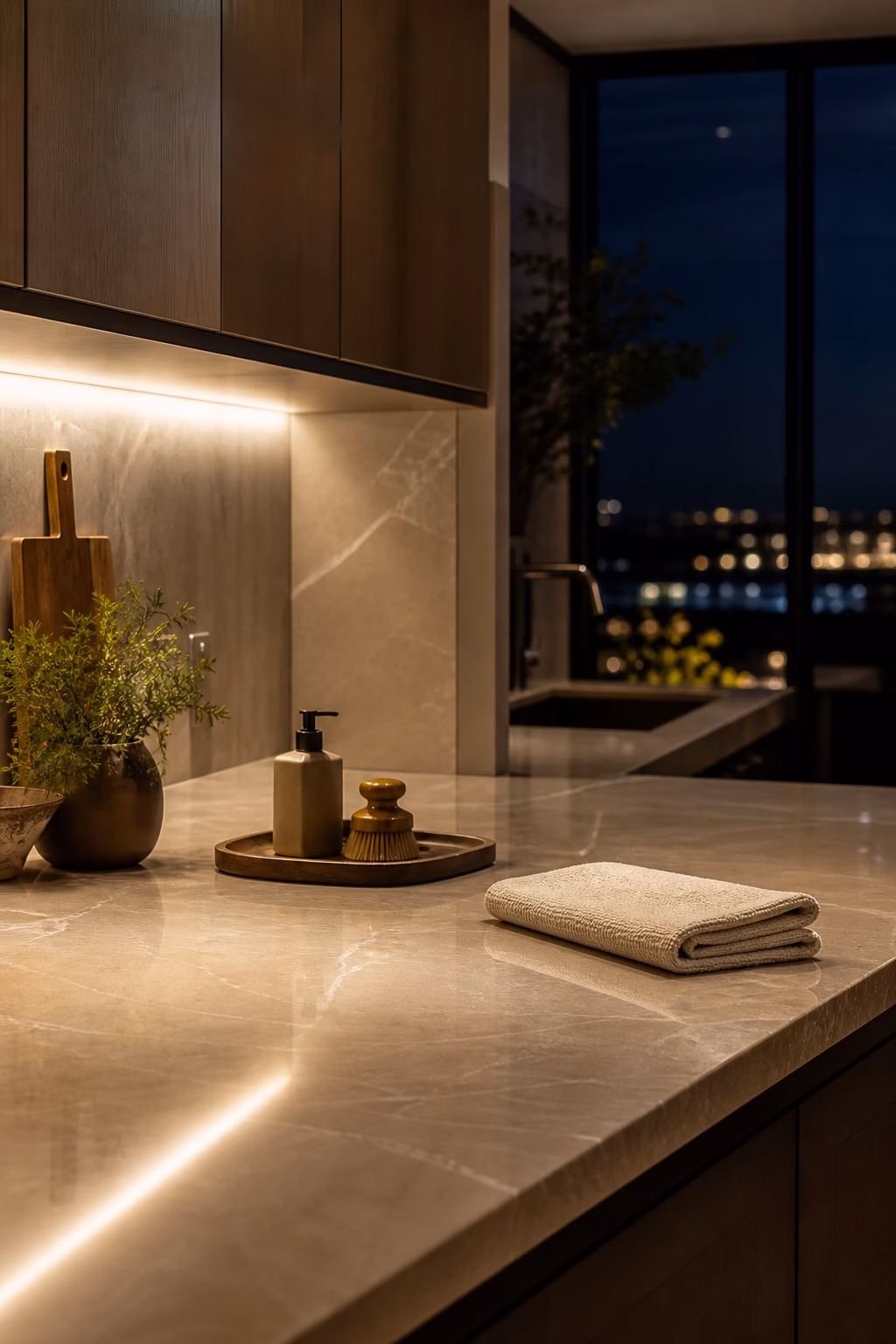 Evening reset keeping a sleek kitchen counter clean and composed