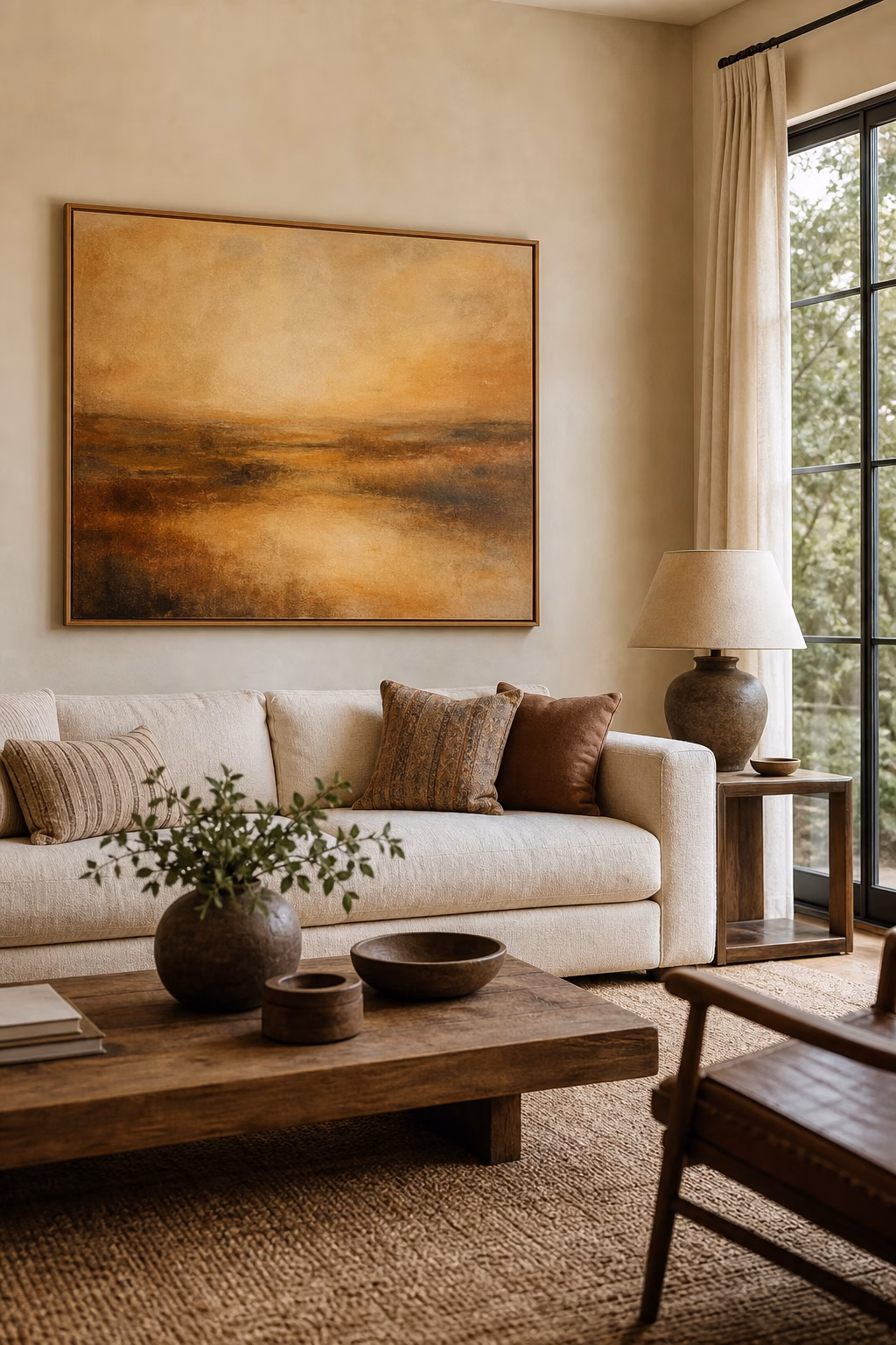 Cozy living room with warm-toned artwork above the sofa setting a restful mood.