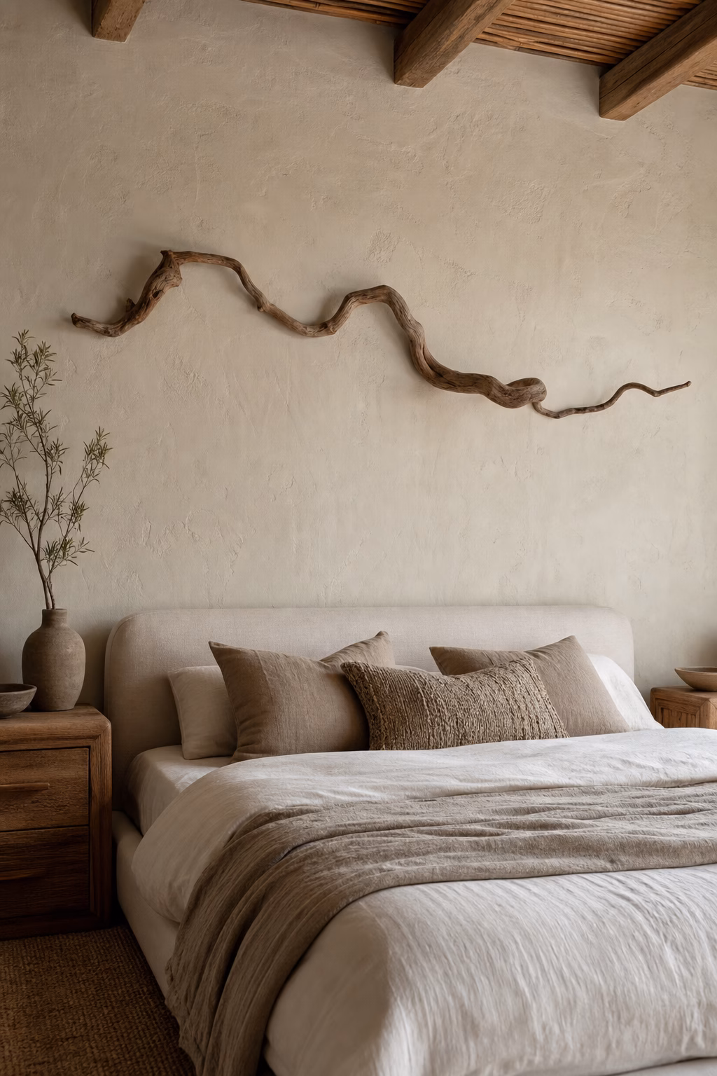 Sculptural branch wall piece adding elegant rustic texture above a bed
