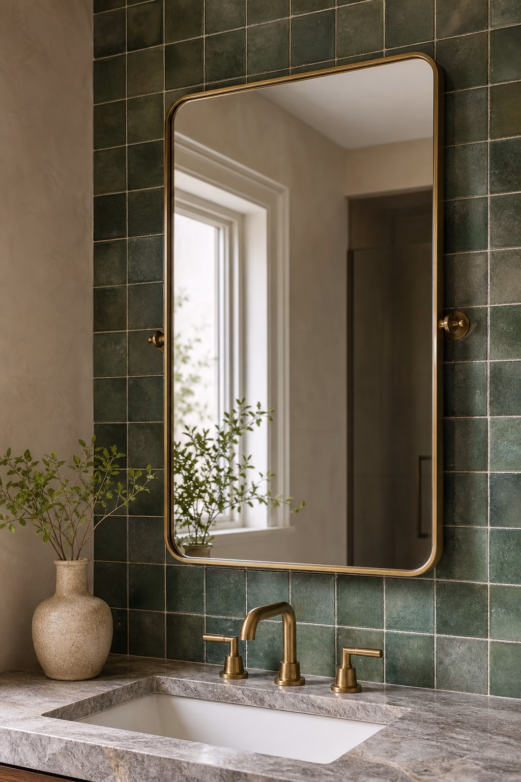 Bathroom mirror layered over green tile backsplash with brass faucet and clean sink