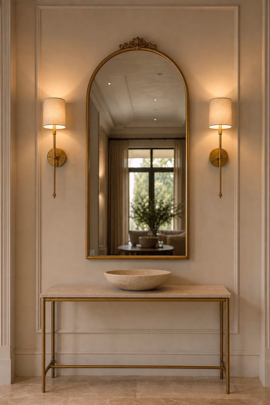 Arched gold mirror framed by matching wall sconces