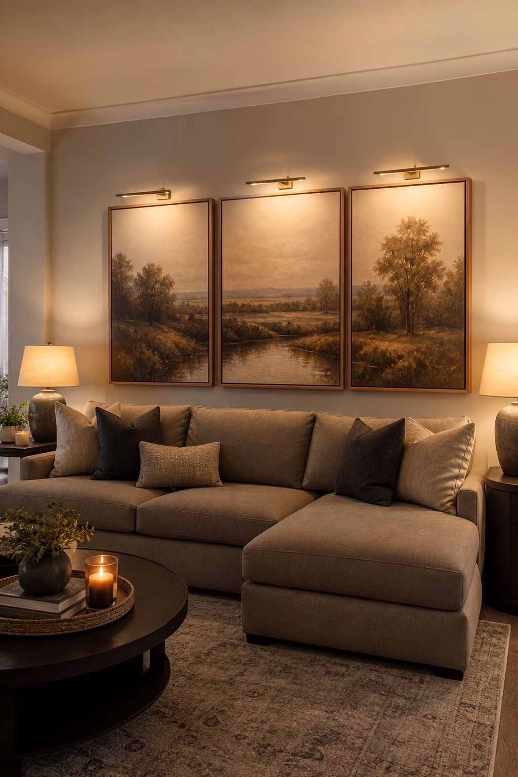 Living room artwork lit with warm non-glare picture lighting