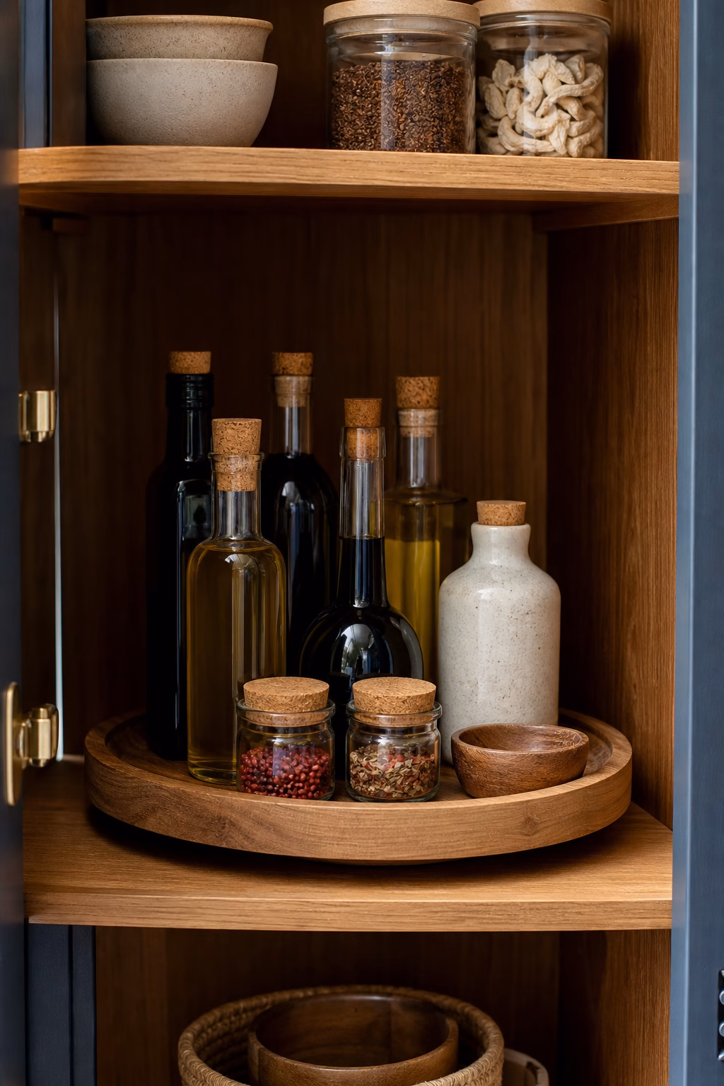 Wood pantry turntable holding oils jars and small bowls inside an oak cabinet