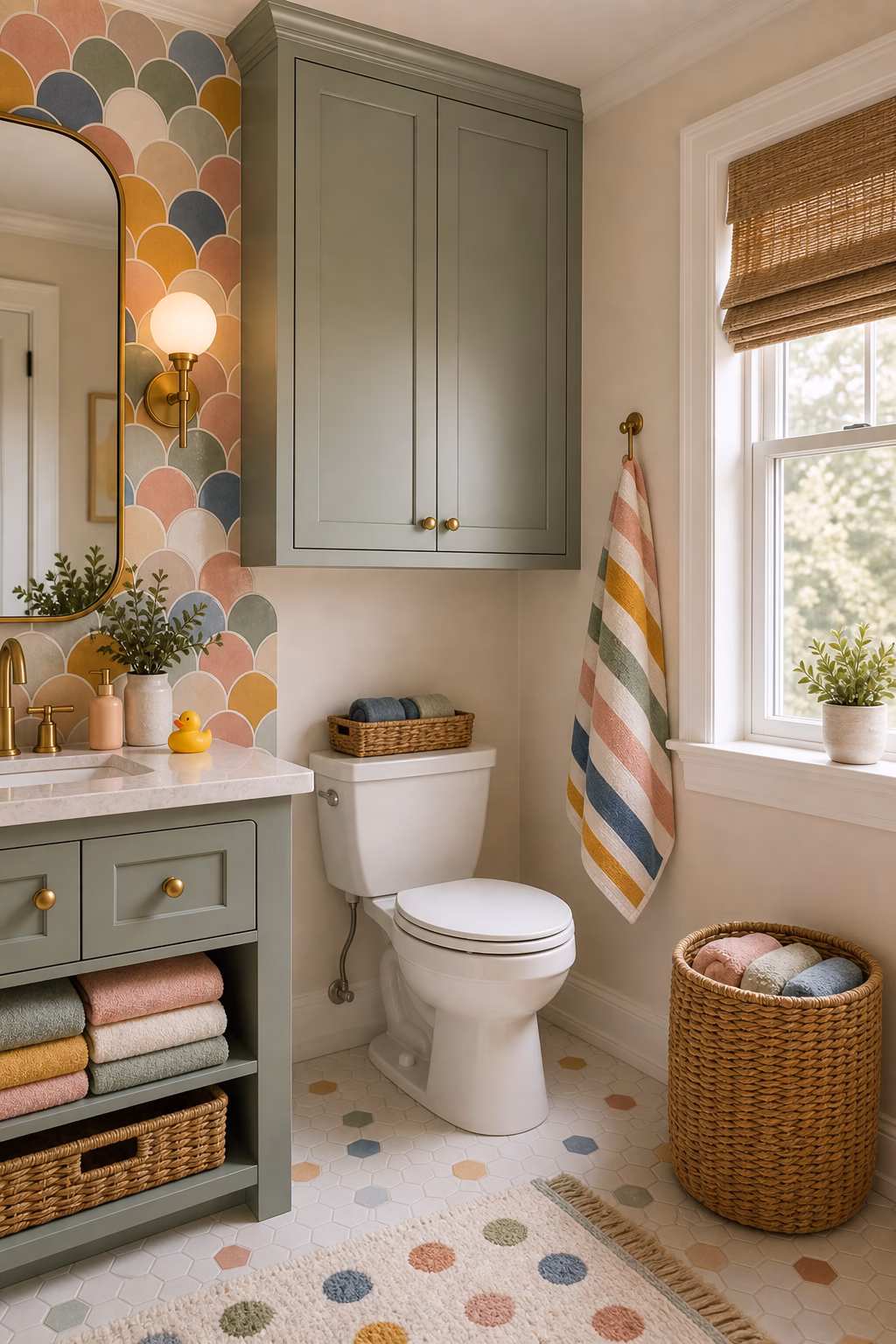 keep cleaning supplies hidden high shown in a polished kids bathroom with realistic materials and natural light.