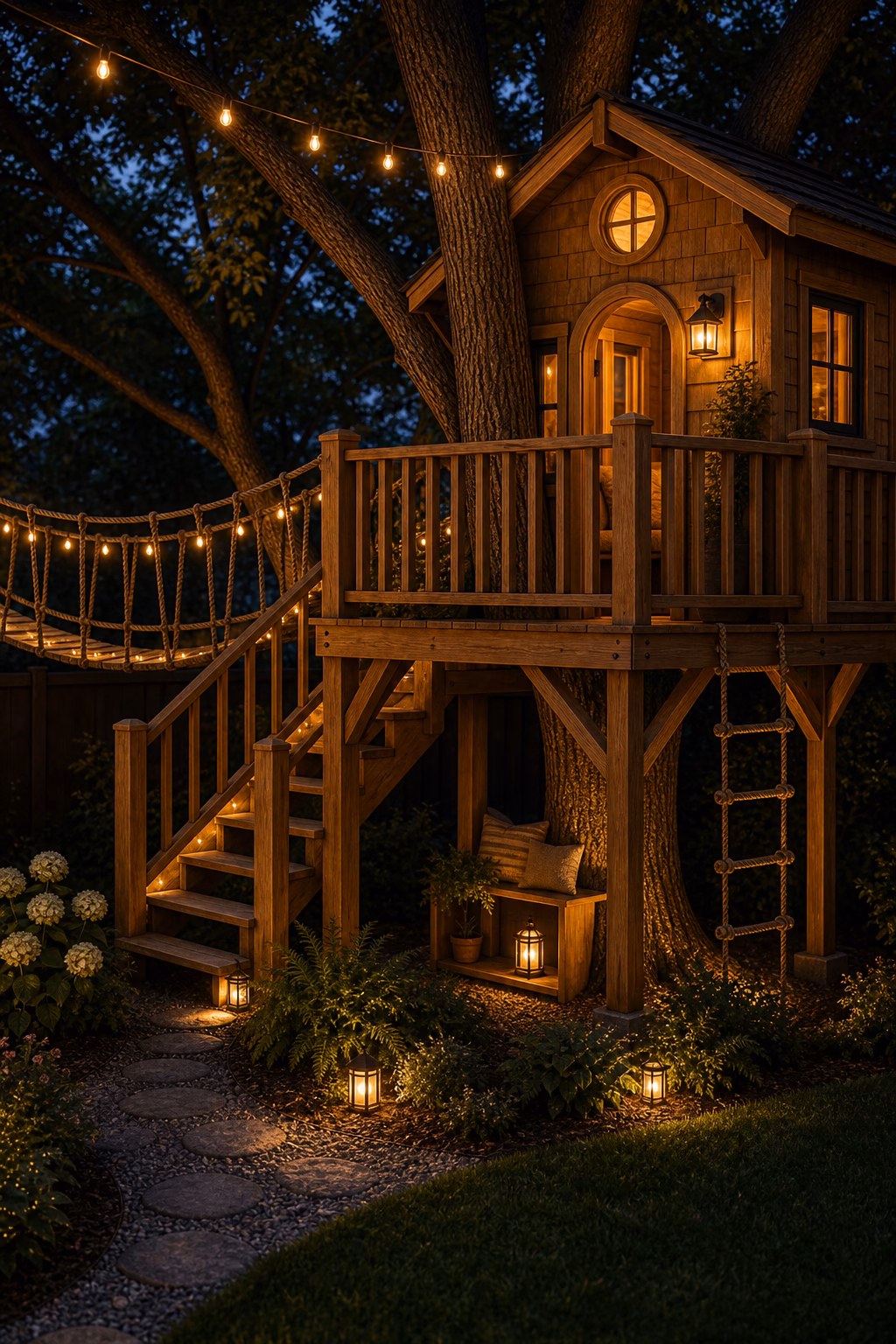 create a magical nighttime glow shown in a polished treehouse with realistic materials and natural light.