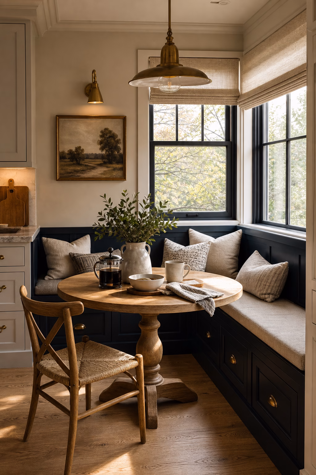 Breakfast nook with a dark painted banquette for contrast.