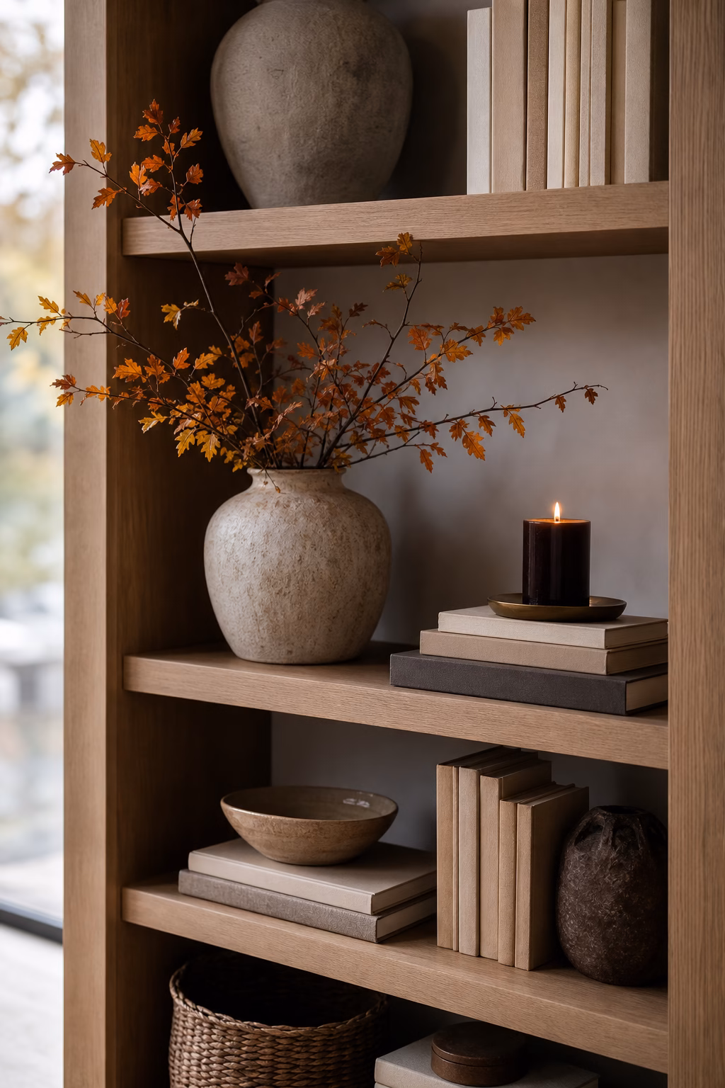 Quiet seasonal shelf decor with branches candles and ceramic bowl