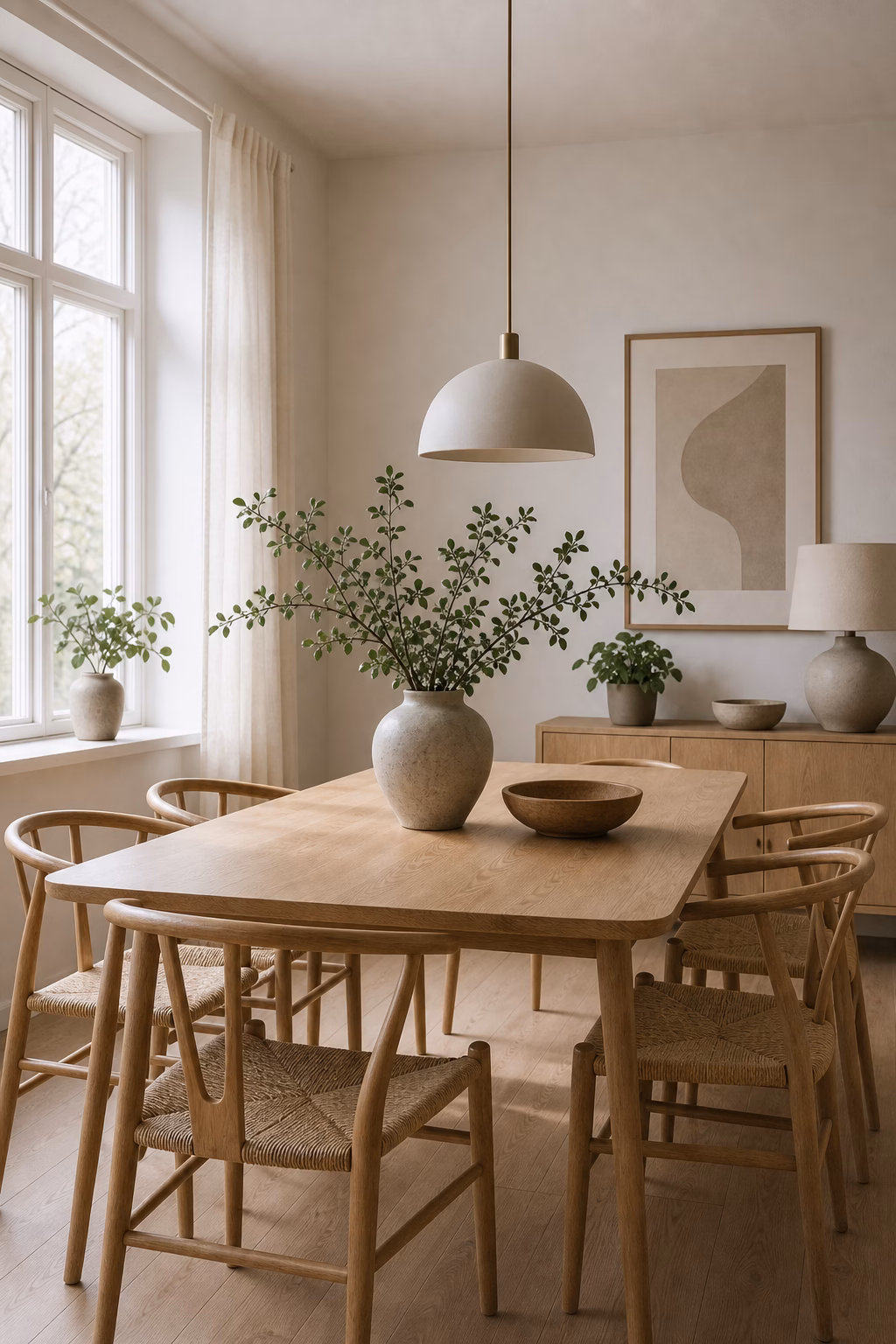 add greenery in simple vessels shown in a polished Scandinavian dining room with realistic materials and natural light.