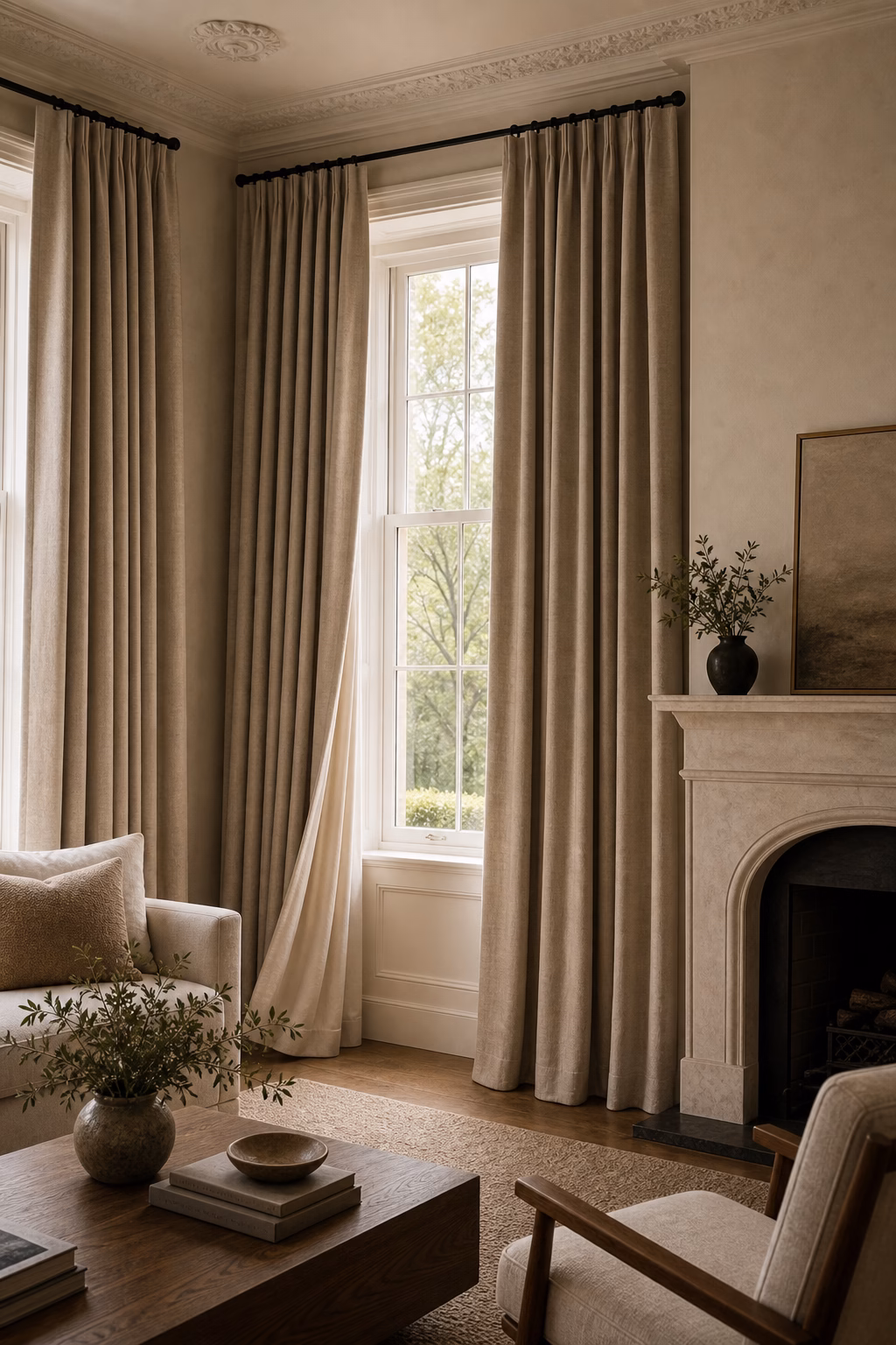 Lined living room curtains with elegant folds in a refined neutral space