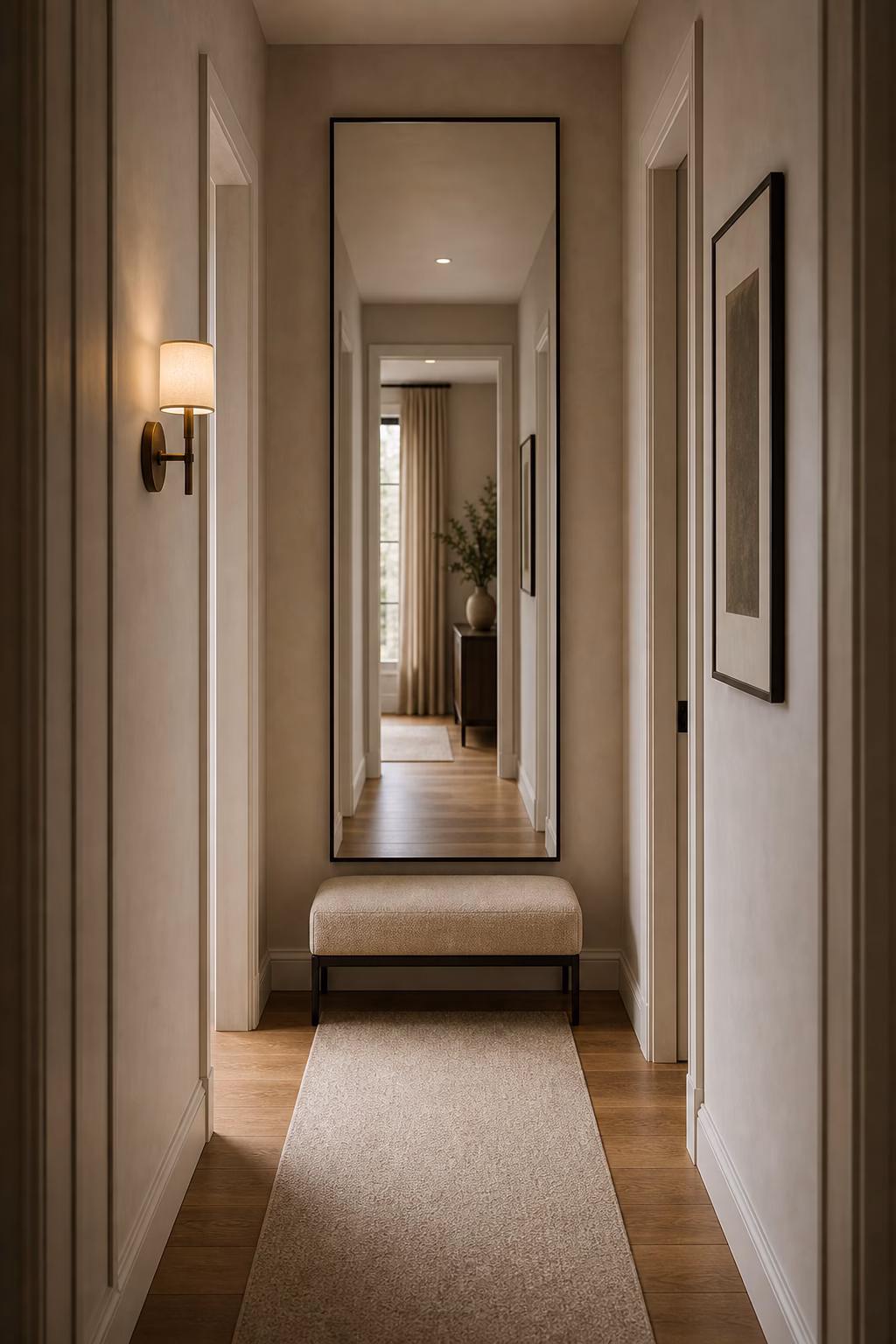 Long mirror at the end of a corridor creating a destination point