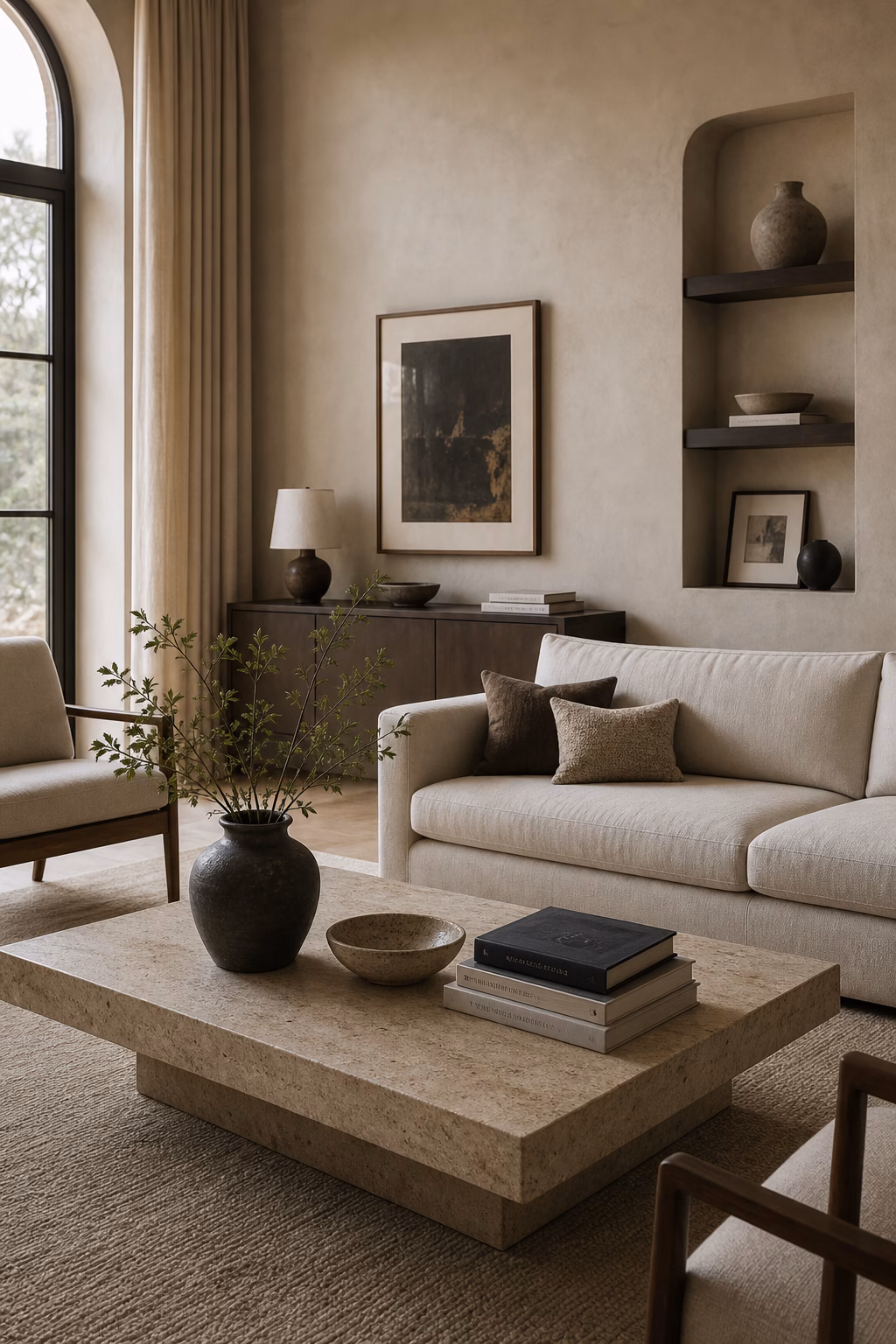 Personal objects styled sparingly in a refined living room