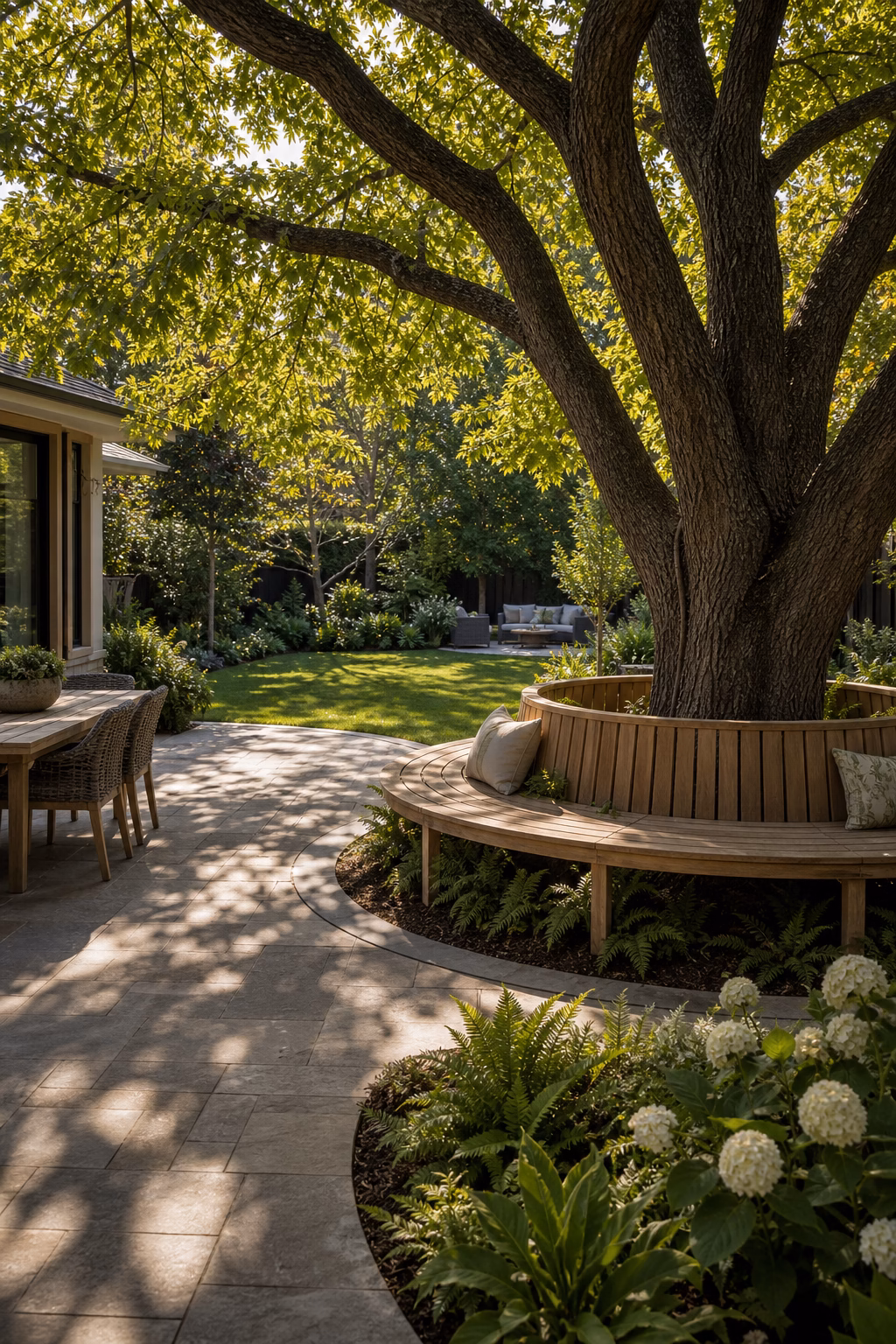 Family backyard preserving a mature shade tree with curved seating, protected roots, and planted beds.