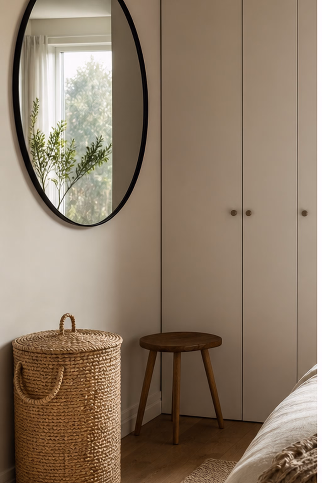 Round mirror finishing a small bedroom closet wall