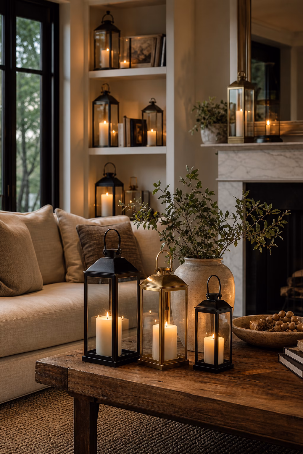 Mixed finish candle lanterns linked by simple glass shapes in a living room
