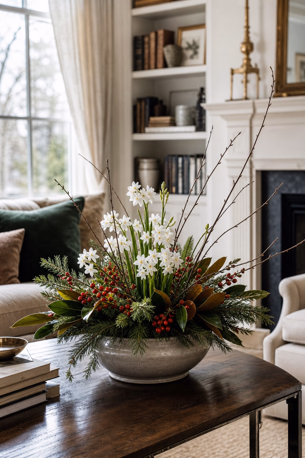 Winter floral arrangement bringing elegant Christmas color to a coffee table