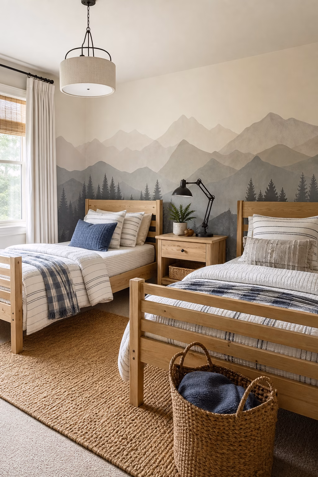Mountain wall decals unifying a shared kids bedroom