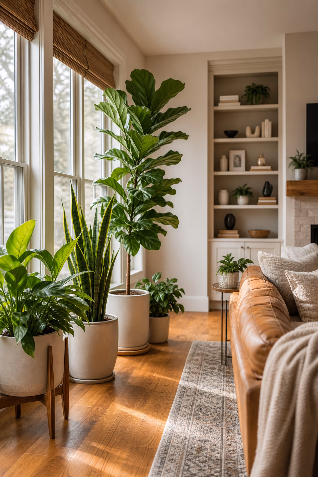 Cozy living room with healthy plants in ceramic pots placed near natural light.