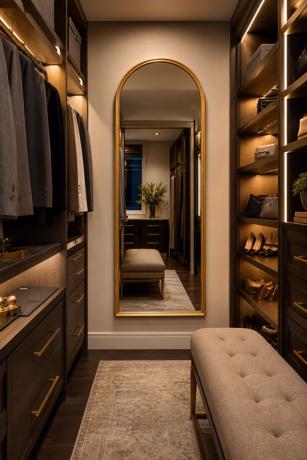 Full-length arched gold mirror elevating a walk-in closet