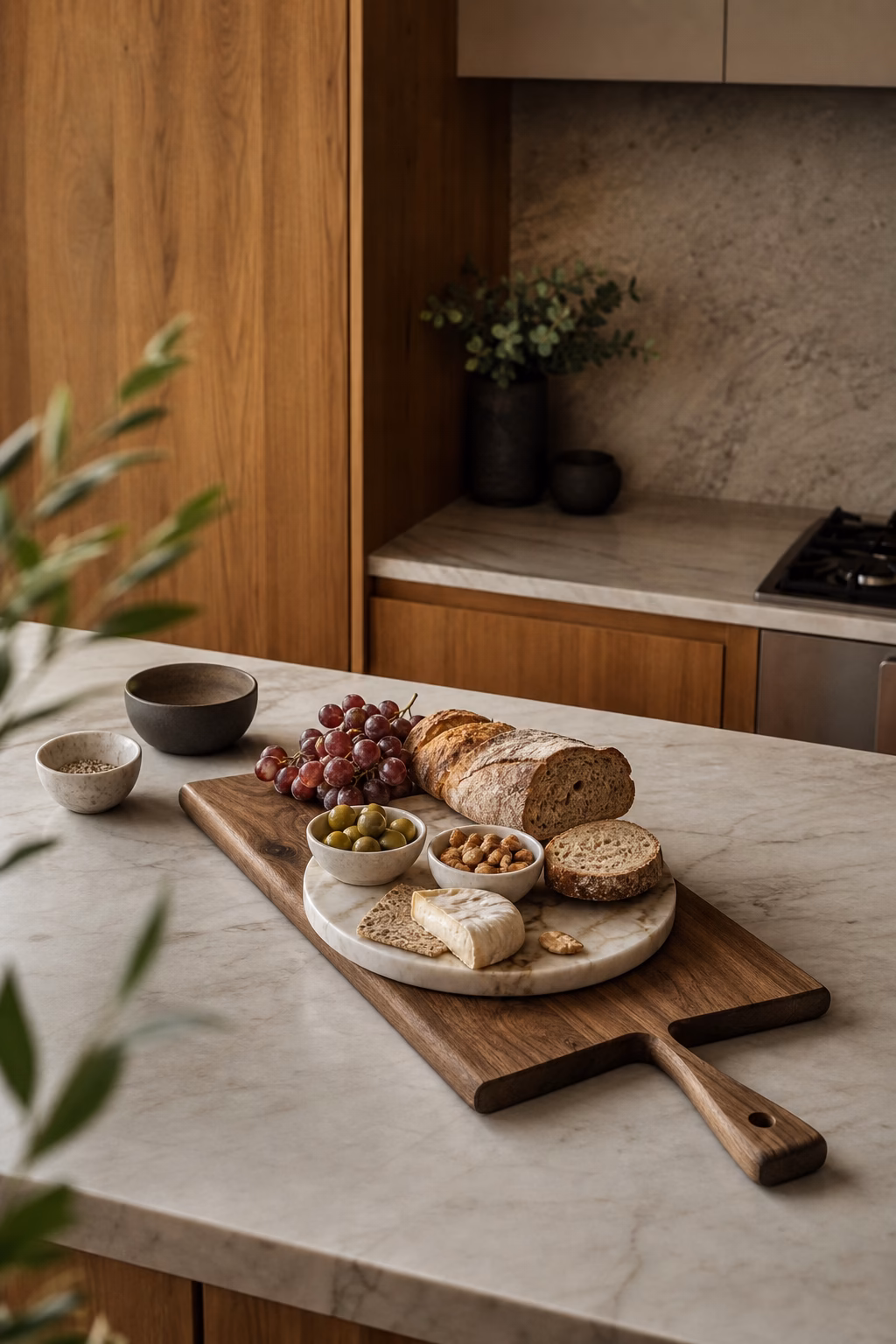 Walnut serving board and round marble board with bread grapes olives and bowls