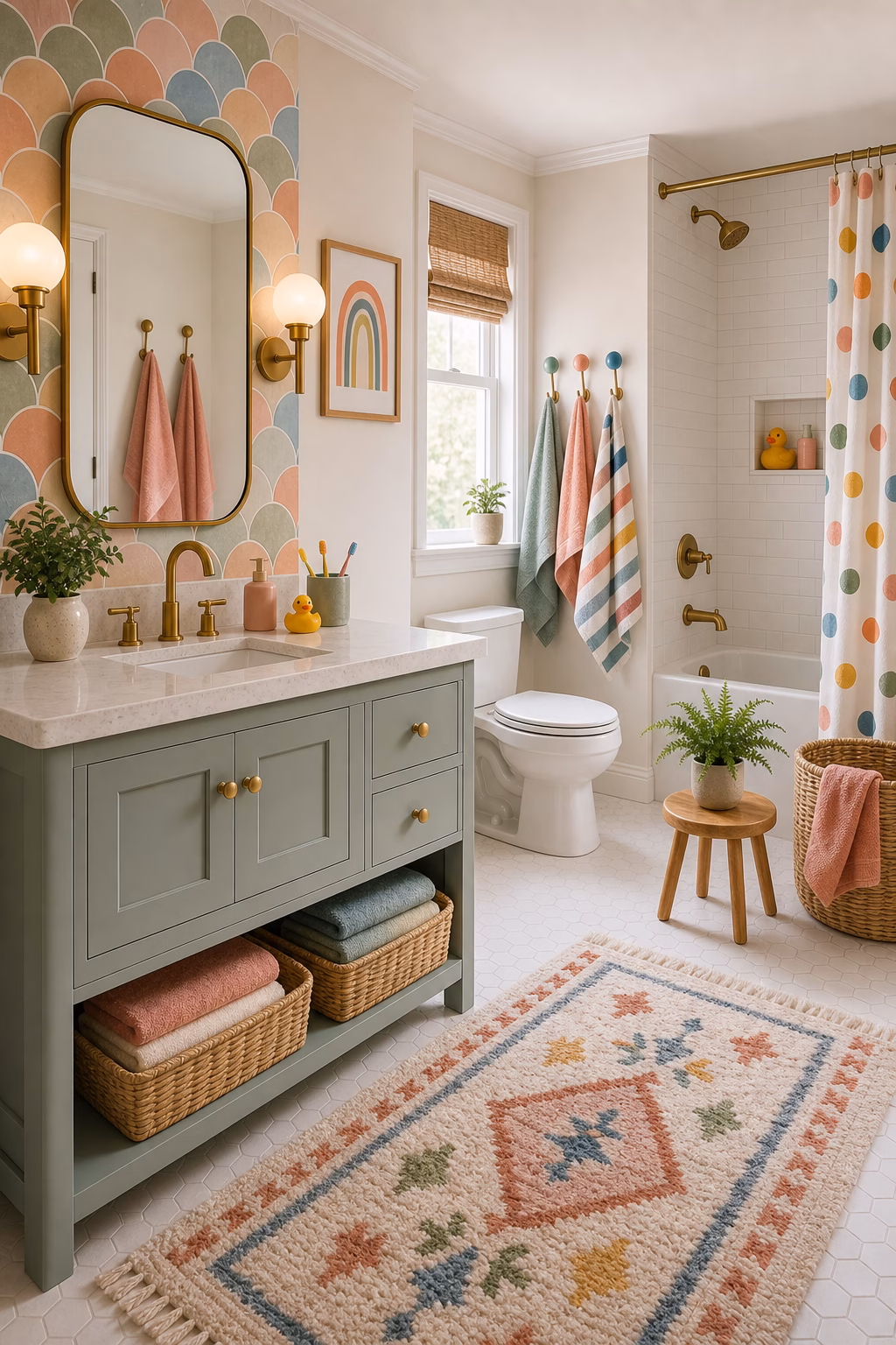 finish with a color palette that feels fresh shown in a polished kids bathroom with realistic materials and natural light.