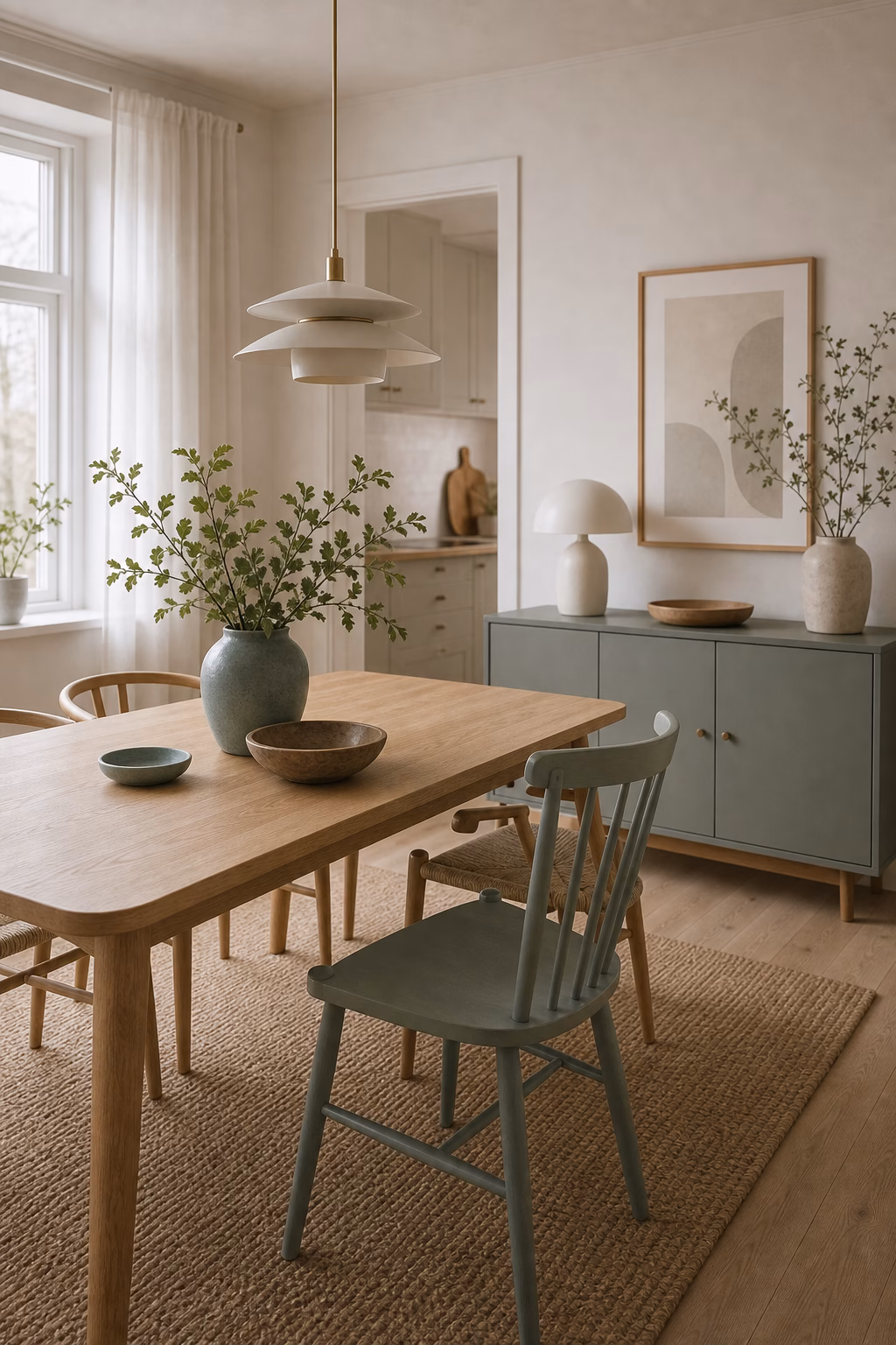 use a muted blue or sage accent shown in a polished Scandinavian dining room with realistic materials and natural light.