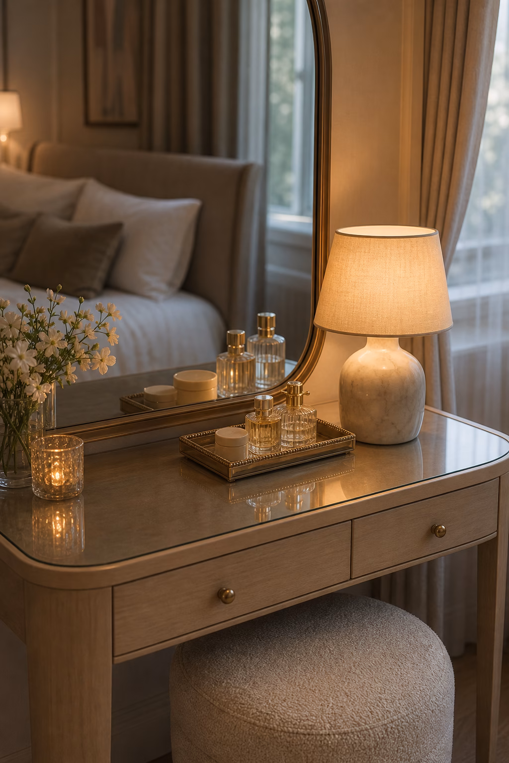Small table lamp glowing on a refined bedroom dressing table.