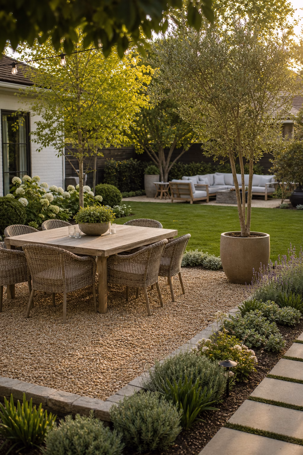Stabilized gravel backyard zone with refined seating, stone edging, drought-tolerant planting, and lawn transition.