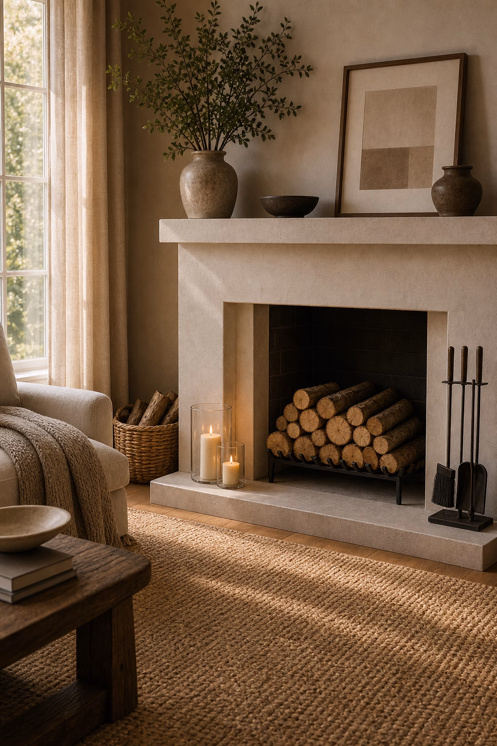 Edited fireplace hearth with neat logs candles and warm textiles