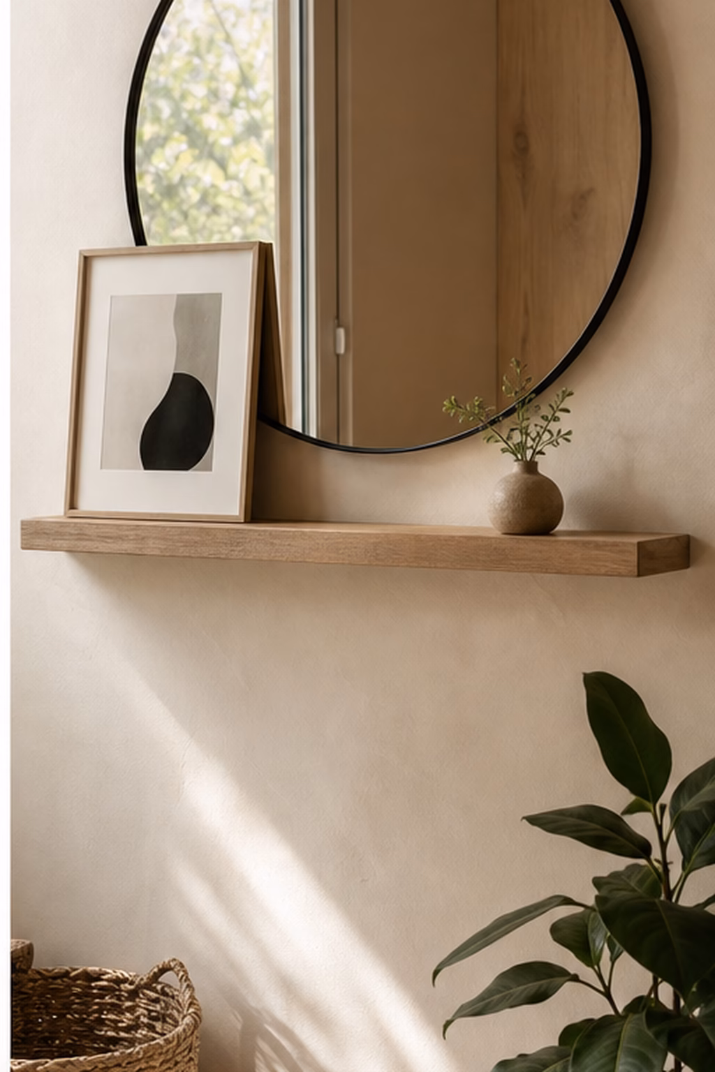 Round mirror styled with a slim picture ledge on a small wall