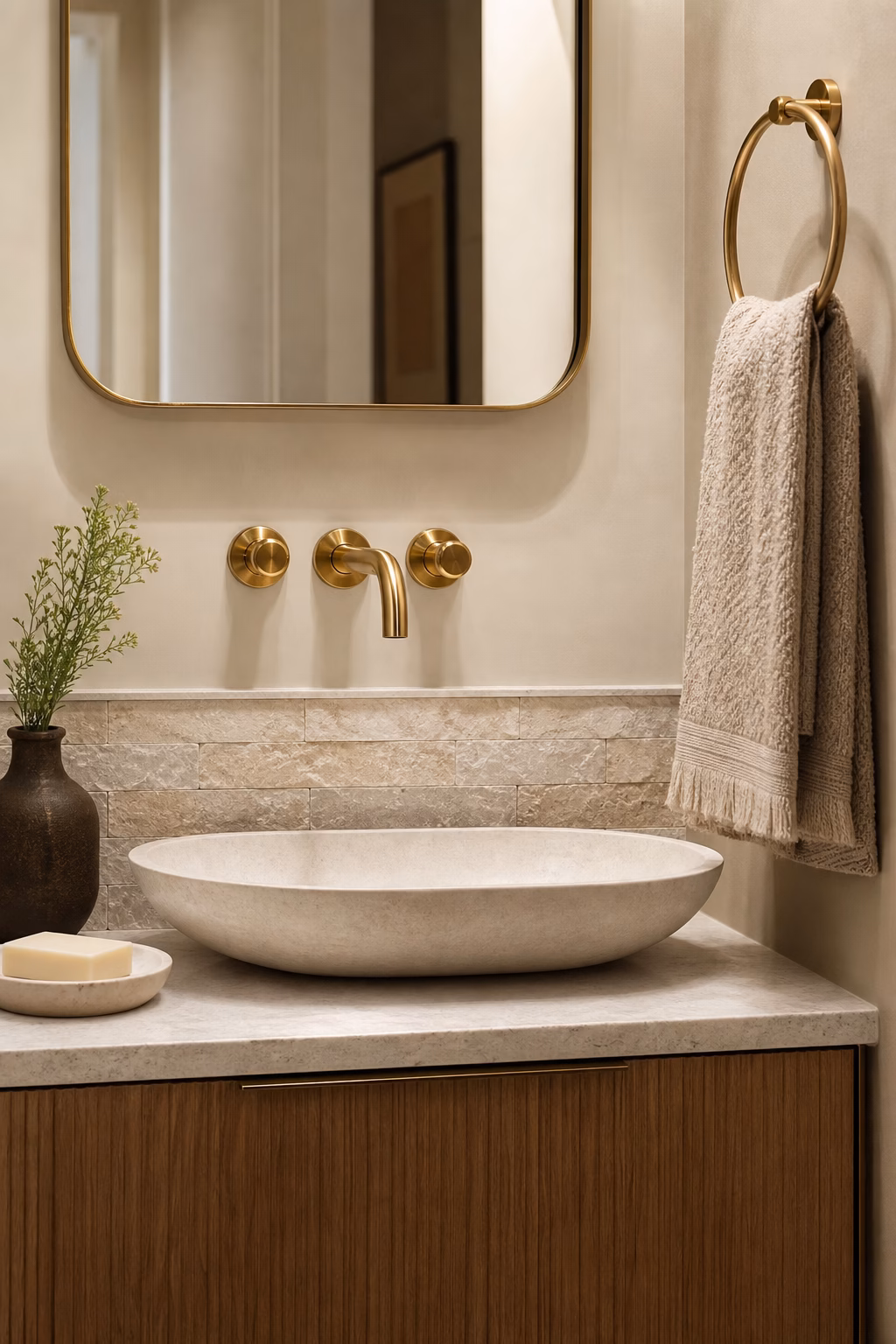 Luxury kitchen open shelf styled with sculptural ceramics and generous negative space.