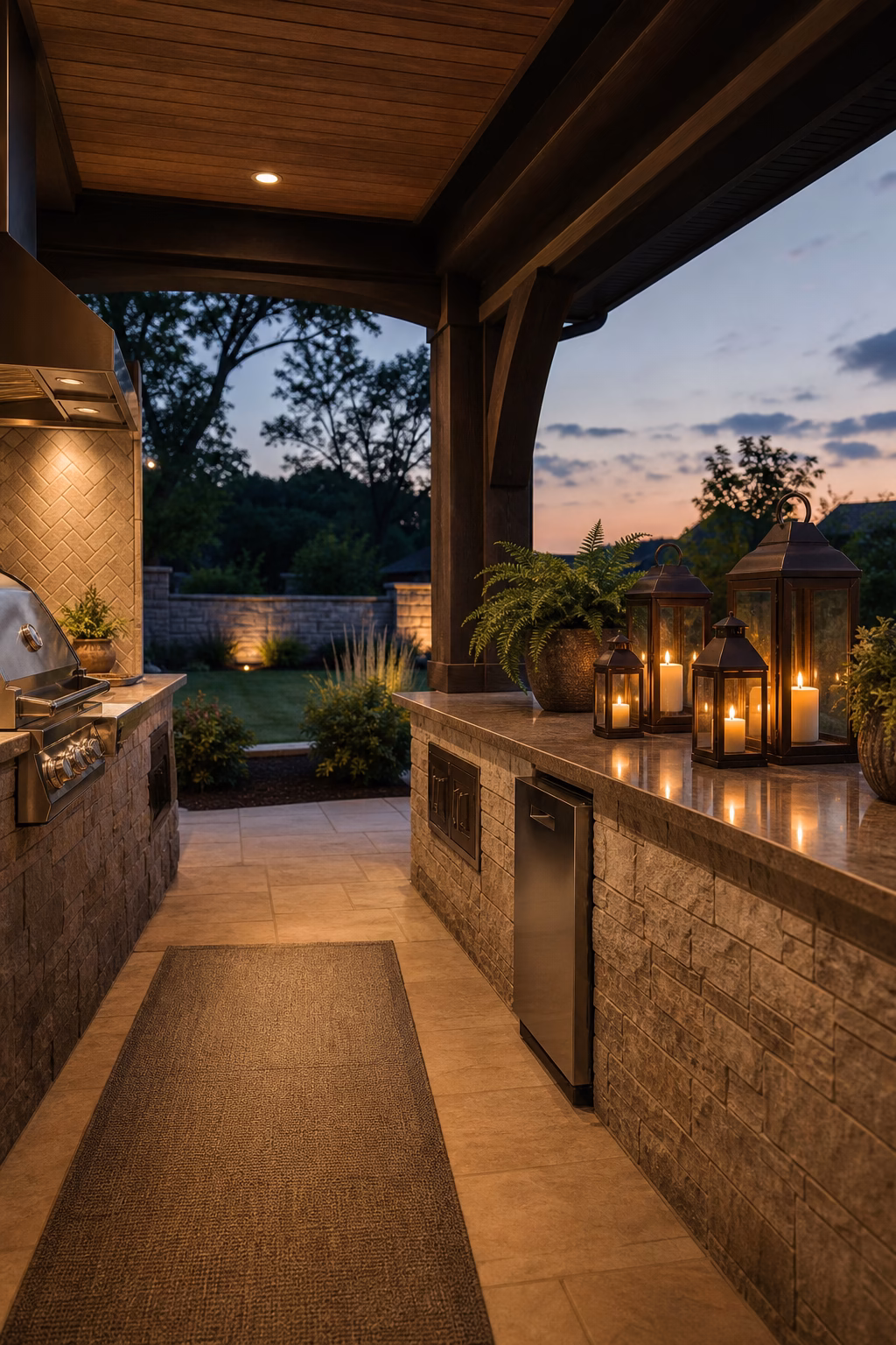 Enclosed candle lanterns softening a covered outdoor kitchen after dinner
