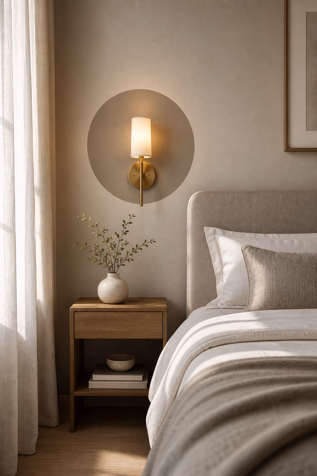 Circular wall decal framing a bedside sconce in a small bedroom