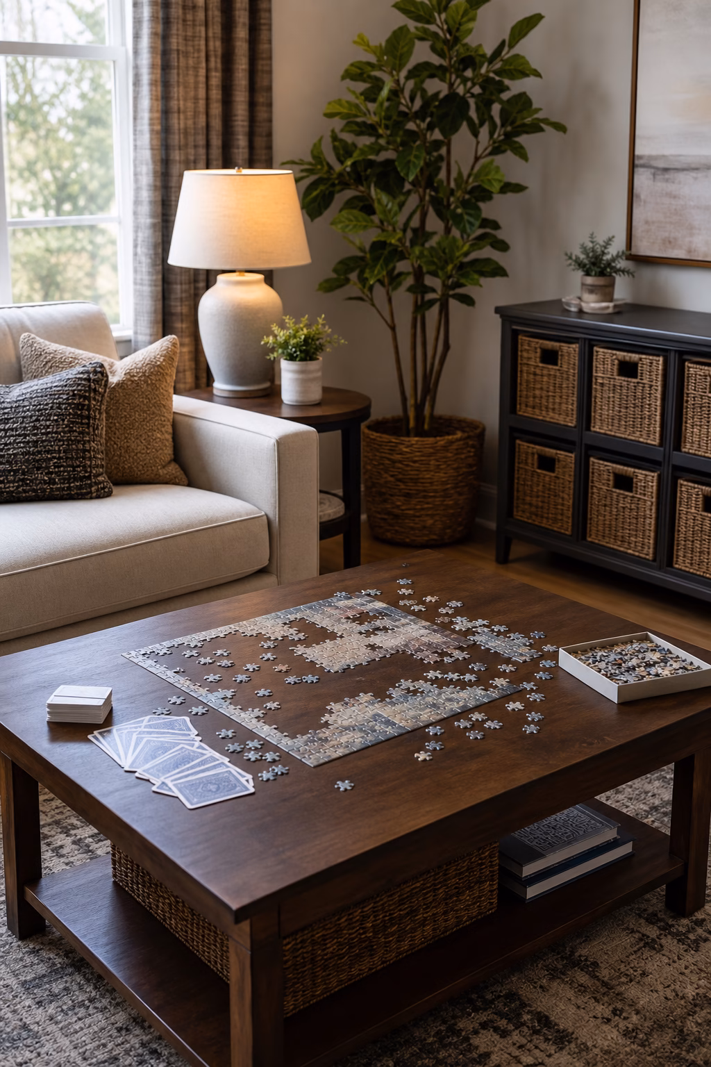 Cozy living room with a coffee table arranged for puzzles, cards, and relaxed activities.