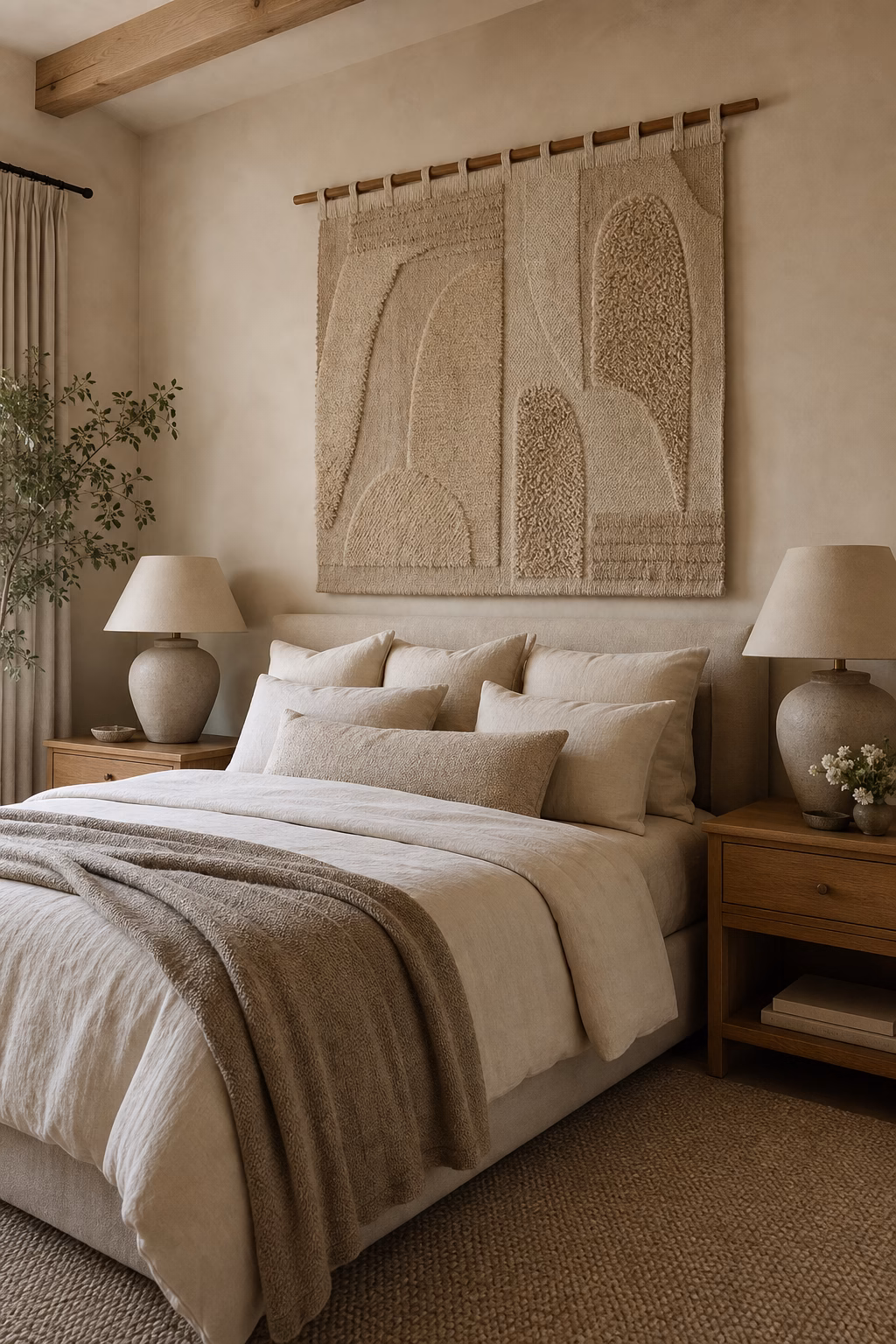 Tonal textured tapestry above a bed in a neutral primary bedroom.